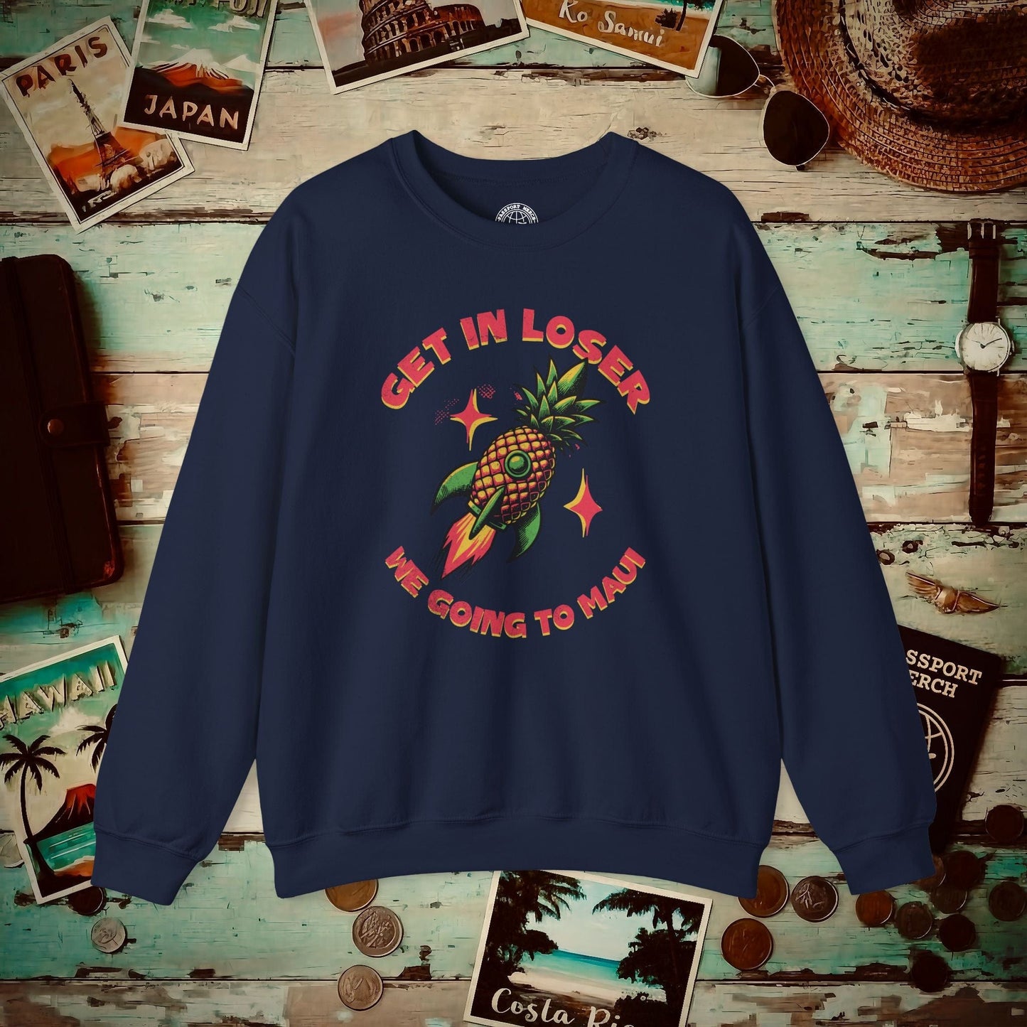 Pineapple Rocket Ship to Maui, Hawaii Crewneck Navy / S