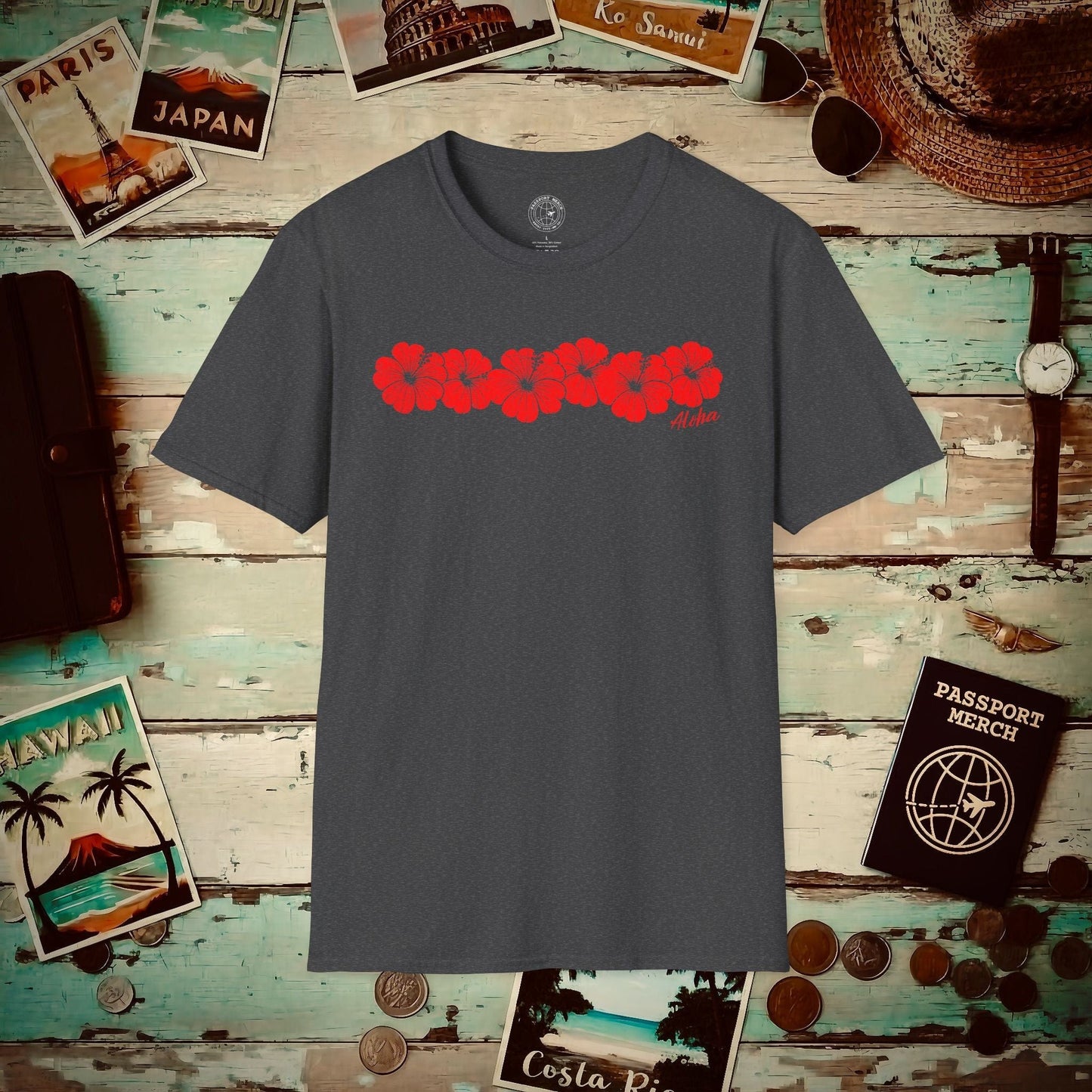 RED Monochrome Hibiscus, Hawaii T-Shirt Dark Heather / S