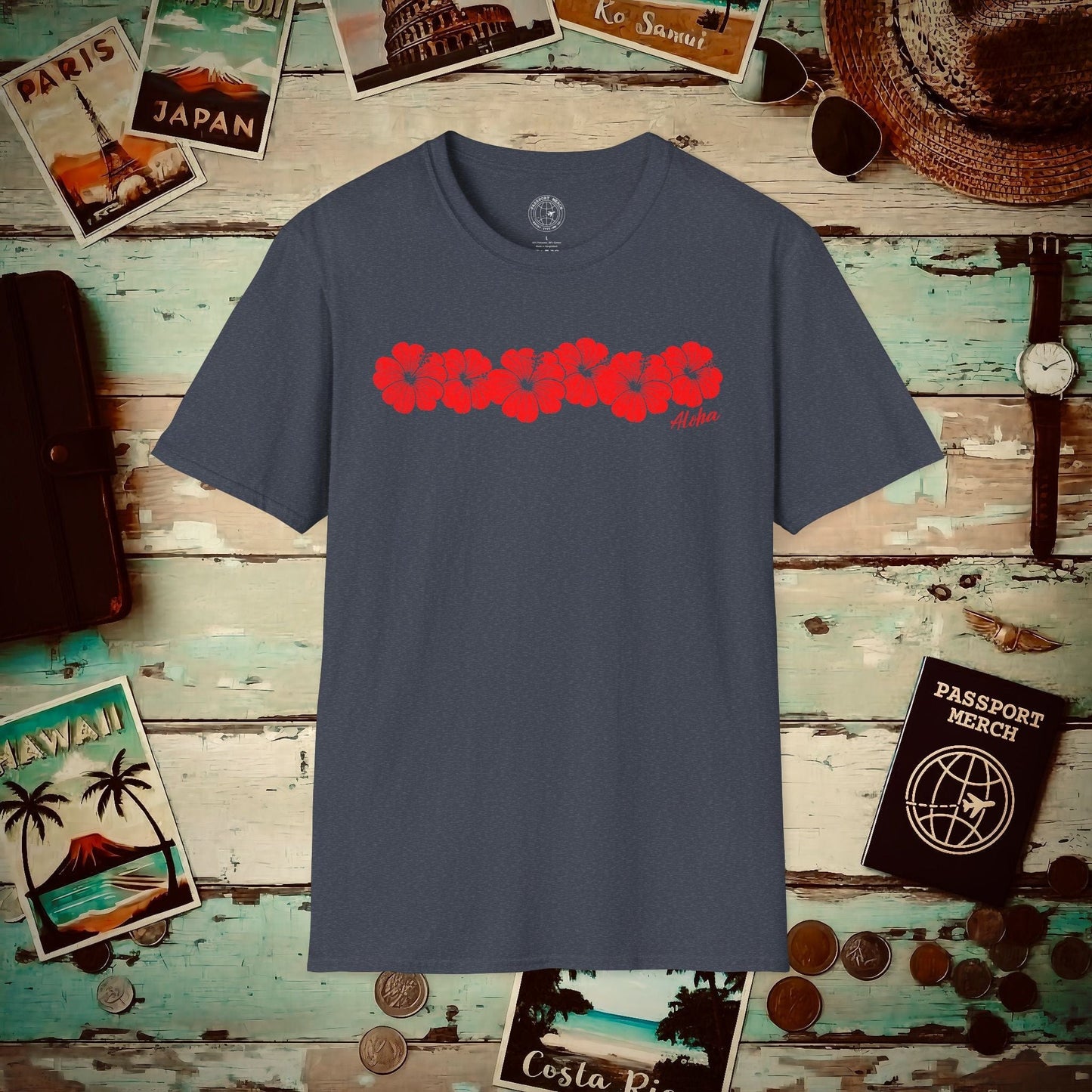 RED Monochrome Hibiscus, Hawaii T-Shirt Heather Navy / S