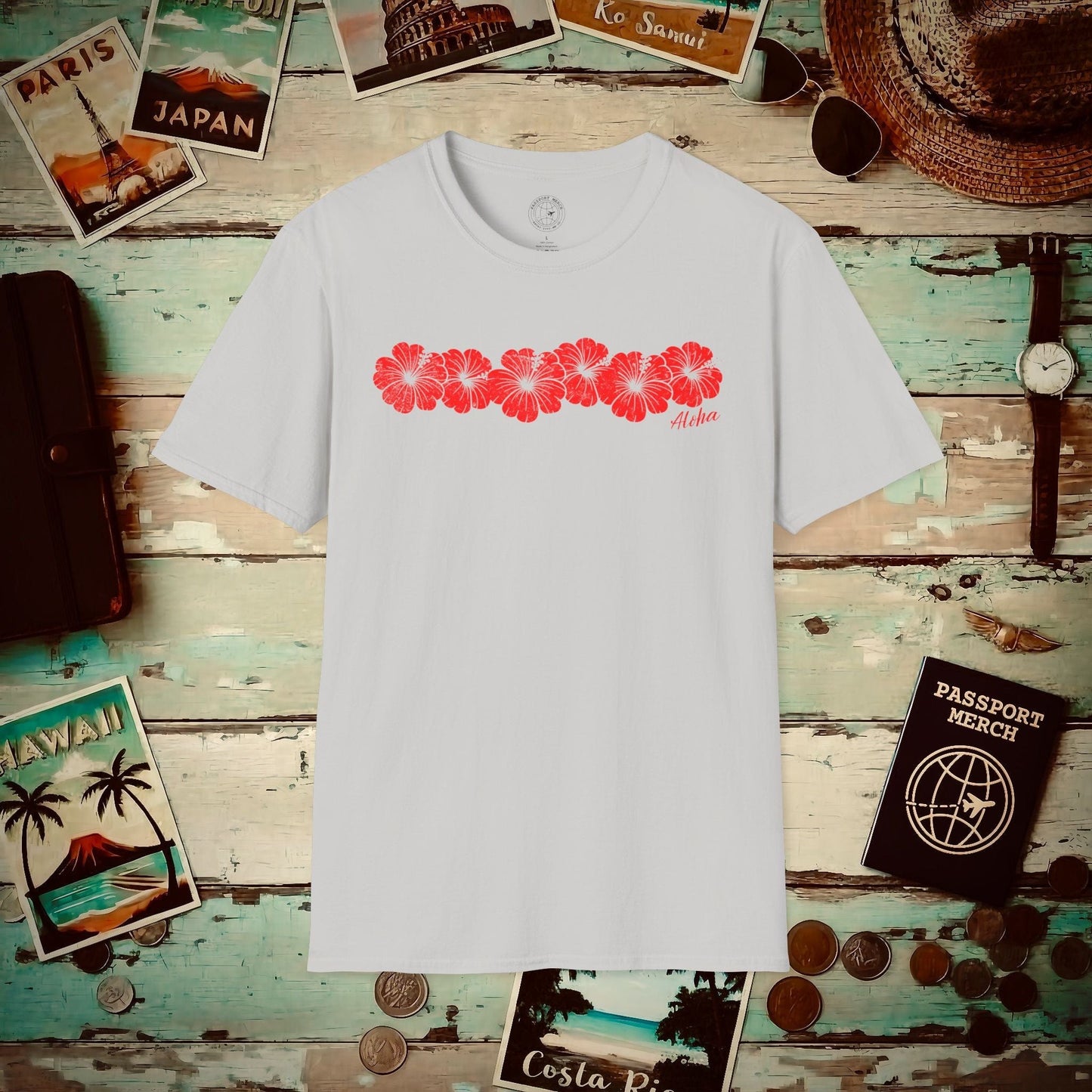 RED Monochrome Hibiscus, Hawaii T-Shirt Ice Grey / S