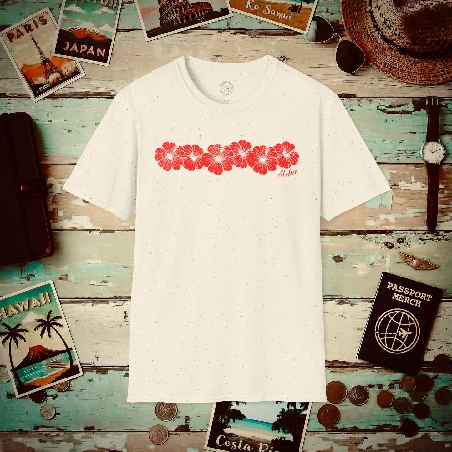 RED Monochrome Hibiscus, Hawaii T-Shirt Natural / S