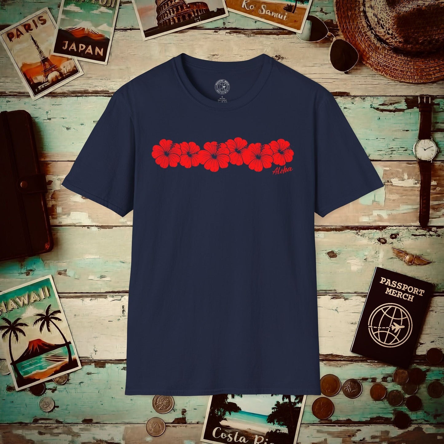 RED Monochrome Hibiscus, Hawaii T-Shirt Navy / S