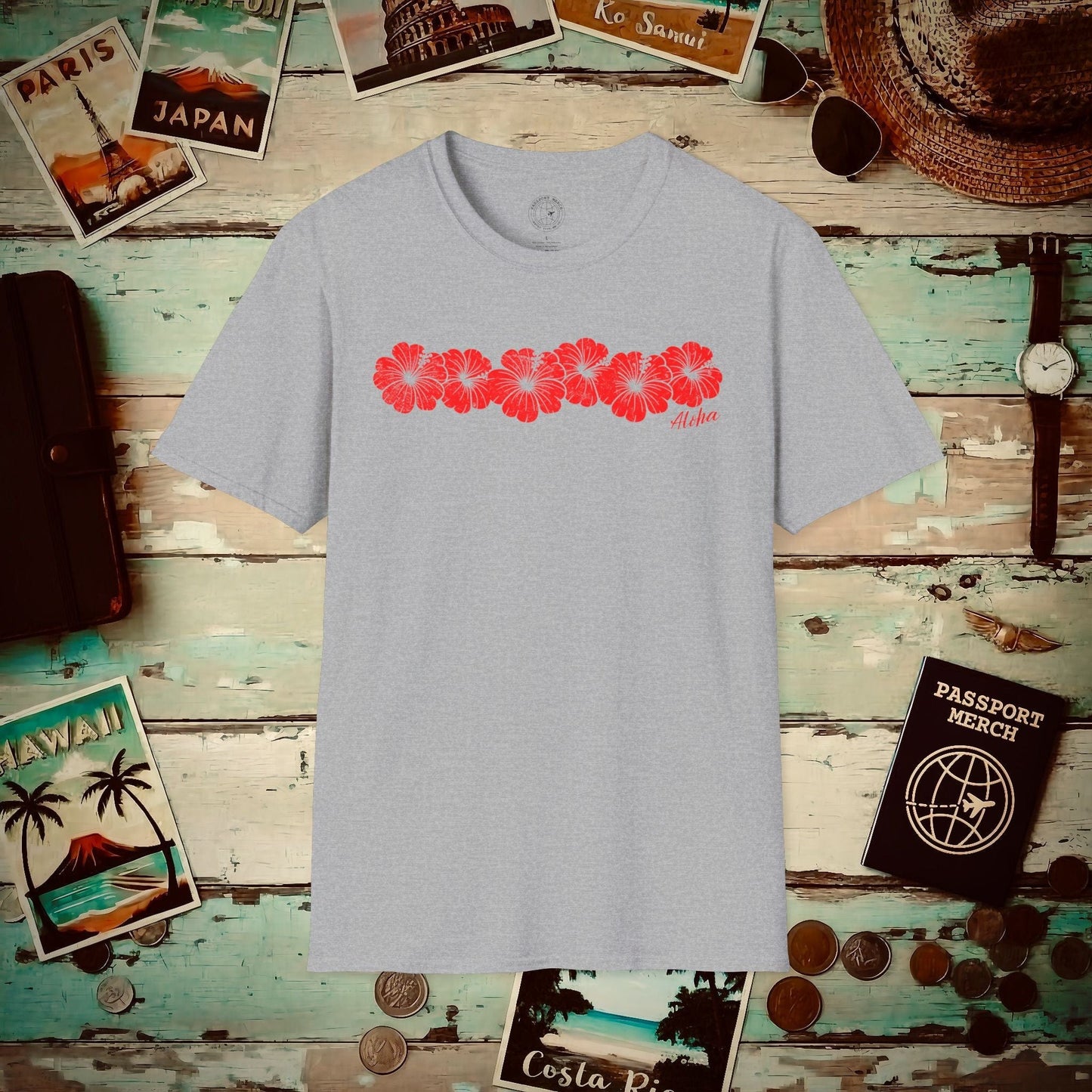 RED Monochrome Hibiscus, Hawaii T-Shirt Sport Grey / S