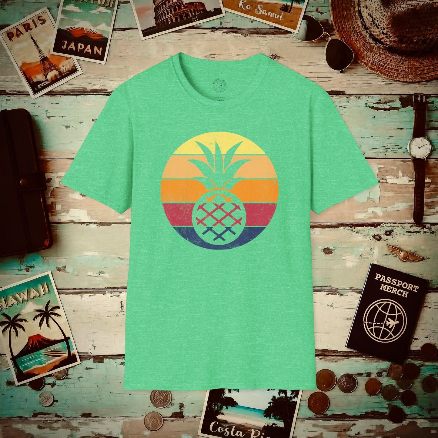 Retro Sun Hawaiian Pineapple T-Shirt Heather Irish Green / S