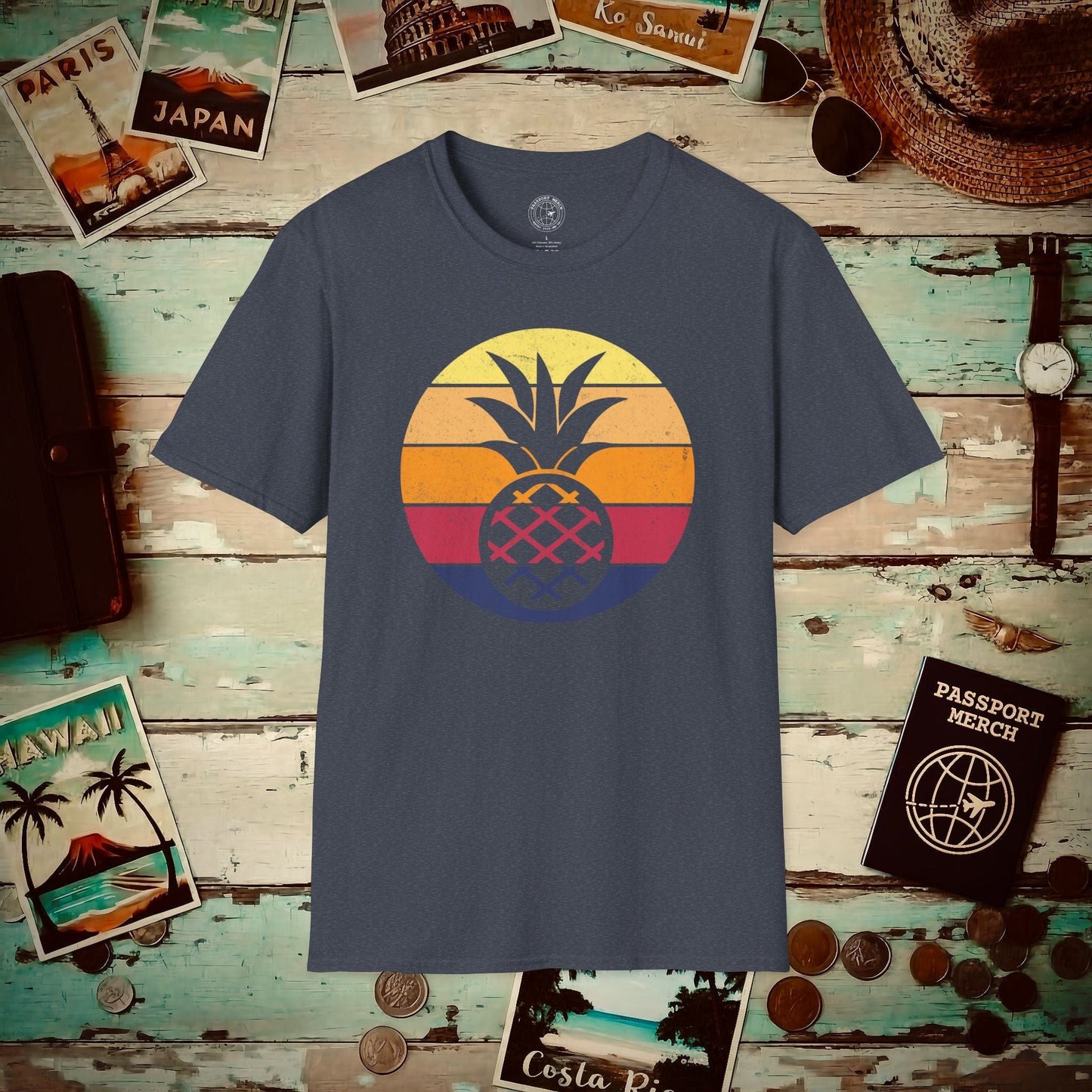 Retro Sun Hawaiian Pineapple T-Shirt Heather Navy / S