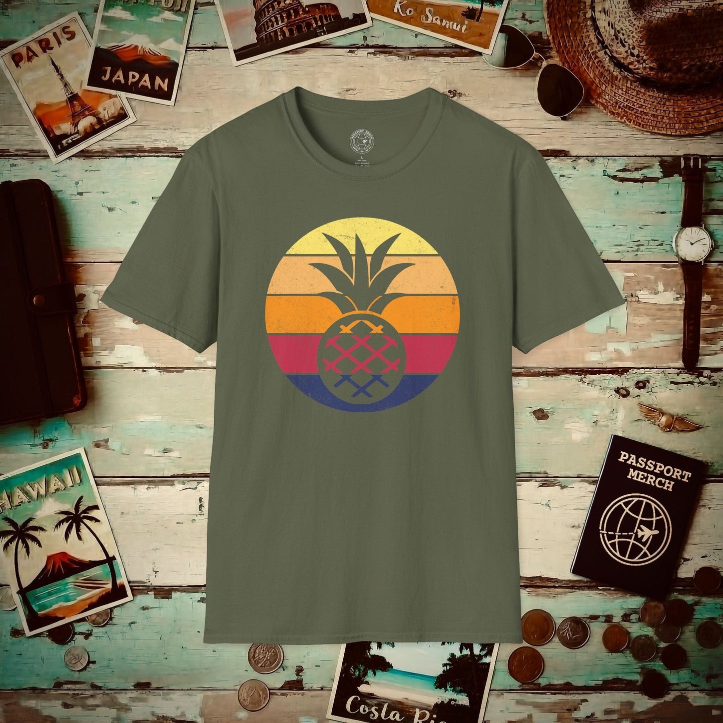 Retro Sun Hawaiian Pineapple T-Shirt Military Green / S