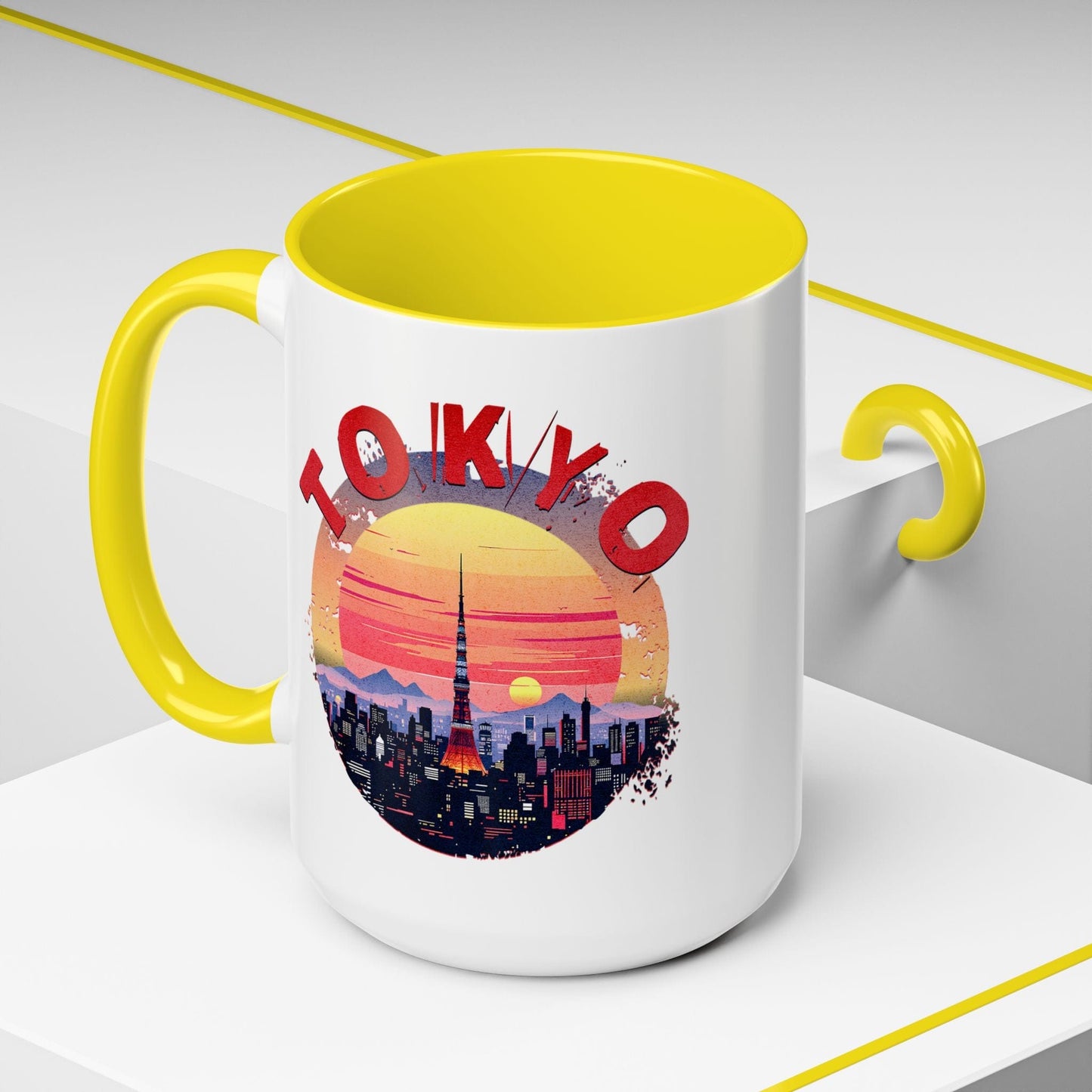 Retro Tokyo Tower Sunset, Japan 15oz Mug Yellow / 15oz