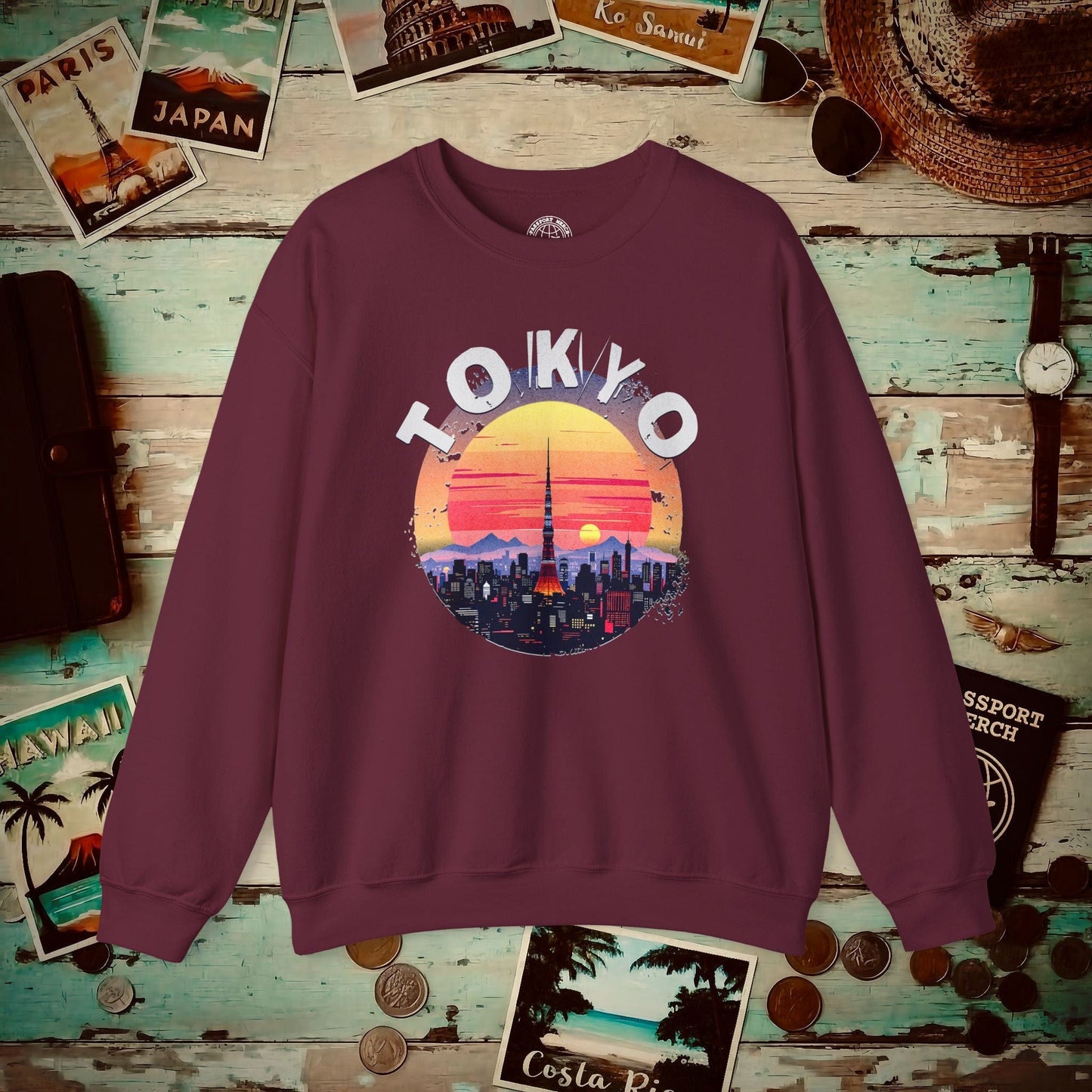 Retro Tokyo Tower Sunset, Japan Crewneck Maroon / S
