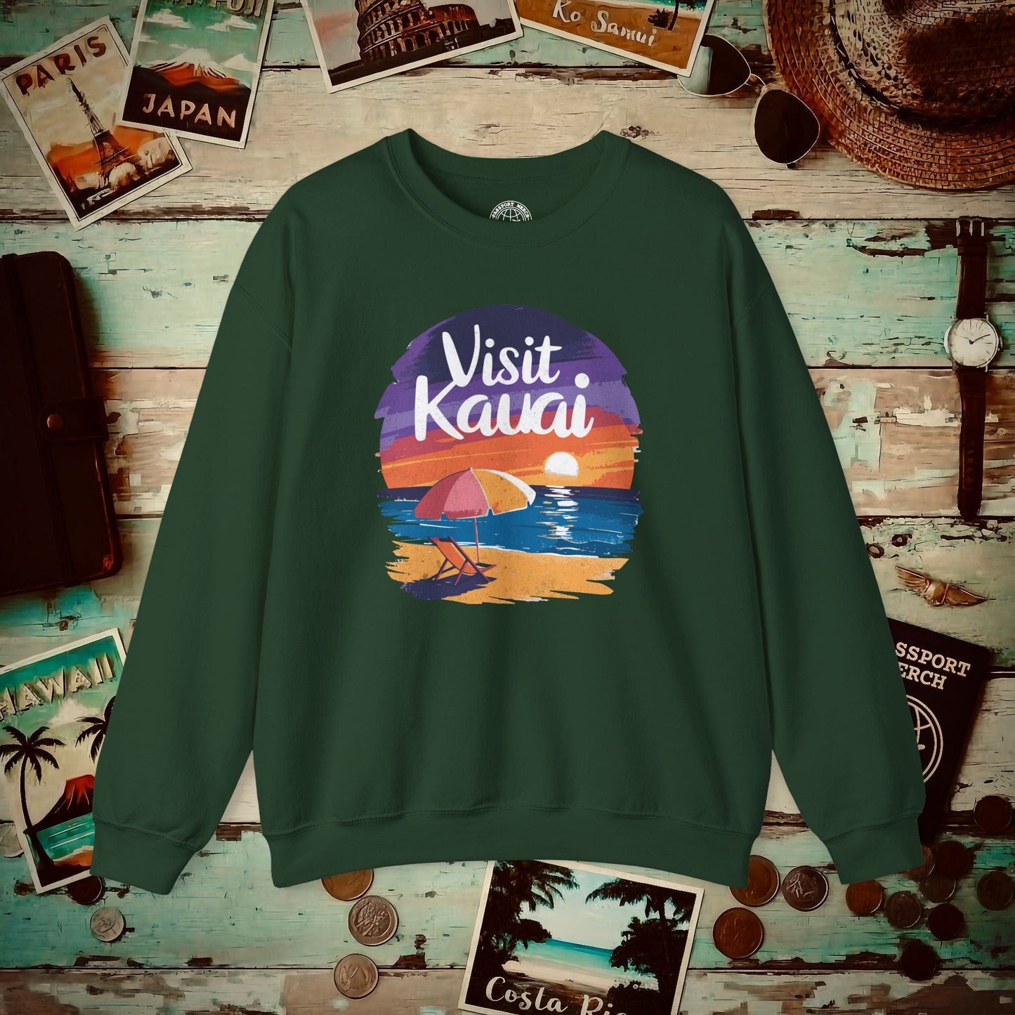 Retro Visit Kauai Hawaii Crewneck Forest Green / S