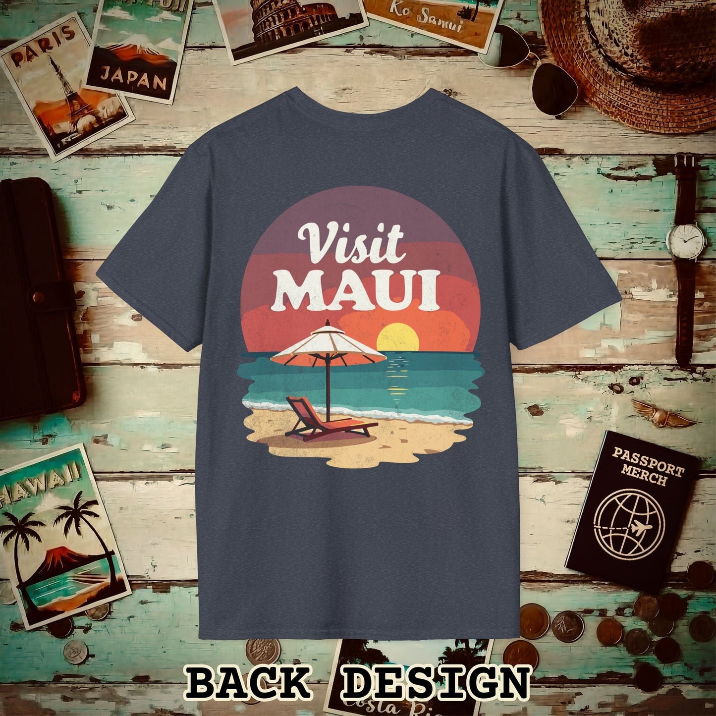 Retro Visit Maui Hawaii, Back Print T-Shirt Heather Navy / S