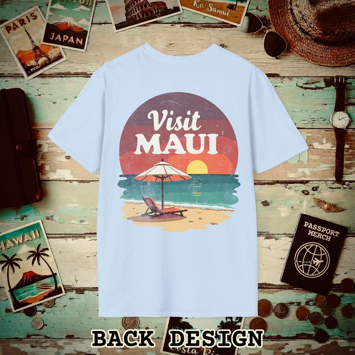 Retro Visit Maui Hawaii, Back Print T-Shirt Light Blue / S