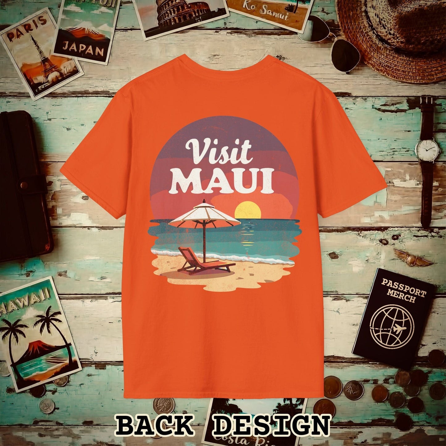 Retro Visit Maui Hawaii, Back Print T-Shirt Orange / S