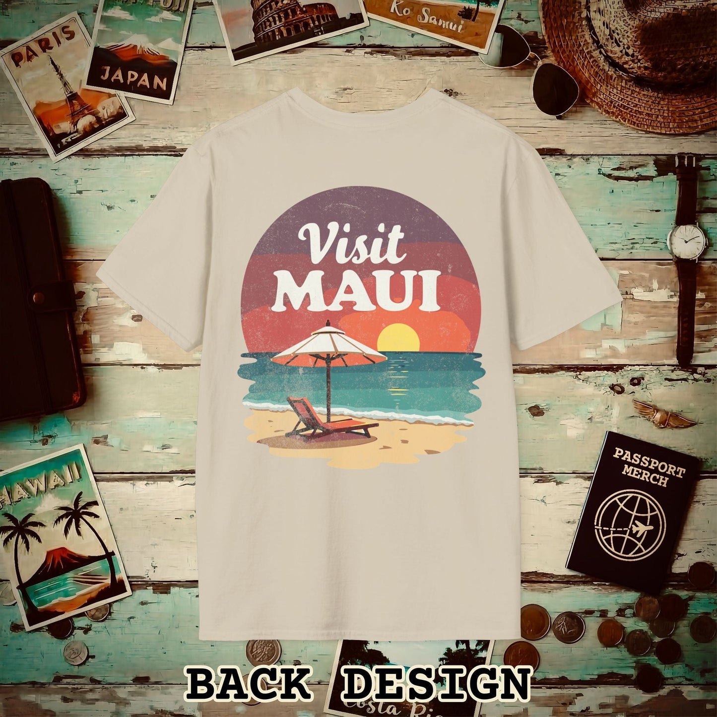 Retro Visit Maui Hawaii, Back Print T-Shirt Sand / S