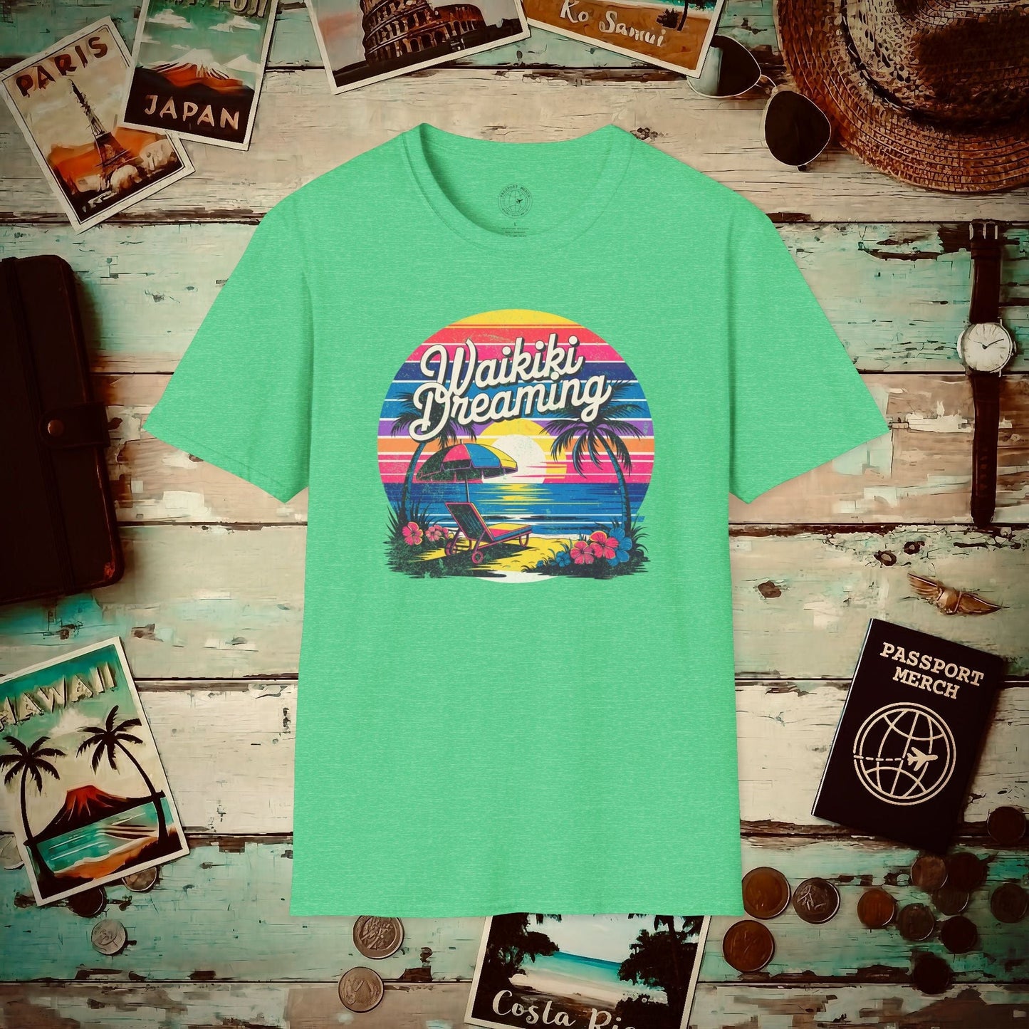 Retro Waikiki Dreaming, Hawaii T-Shirt Heather Irish Green / S