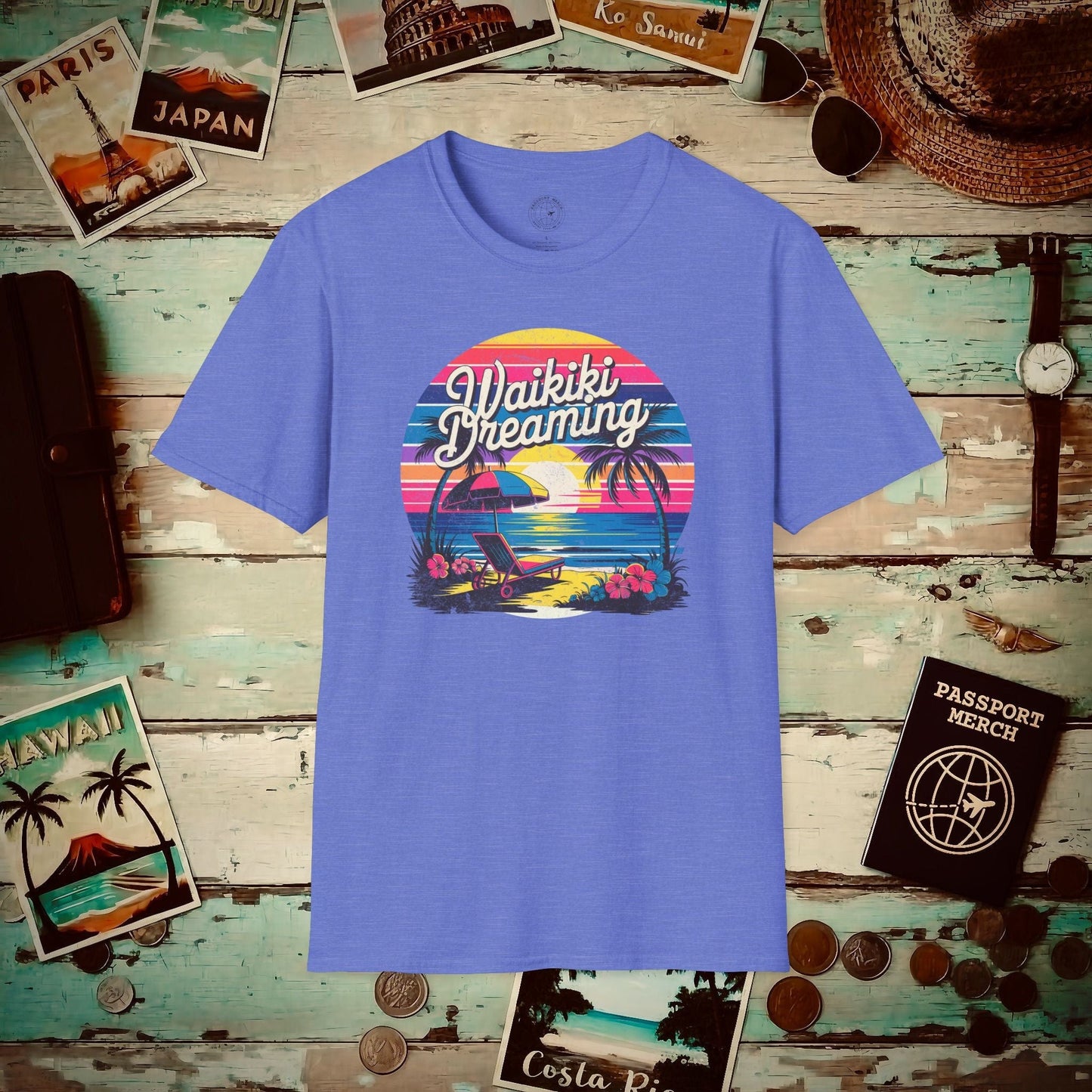 Retro Waikiki Dreaming, Hawaii T-Shirt Heather Royal / S