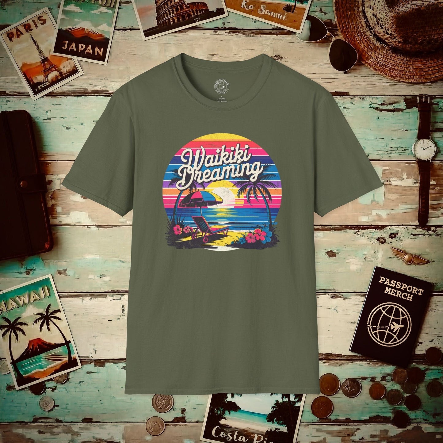 Retro Waikiki Dreaming, Hawaii T-Shirt Military Green / S
