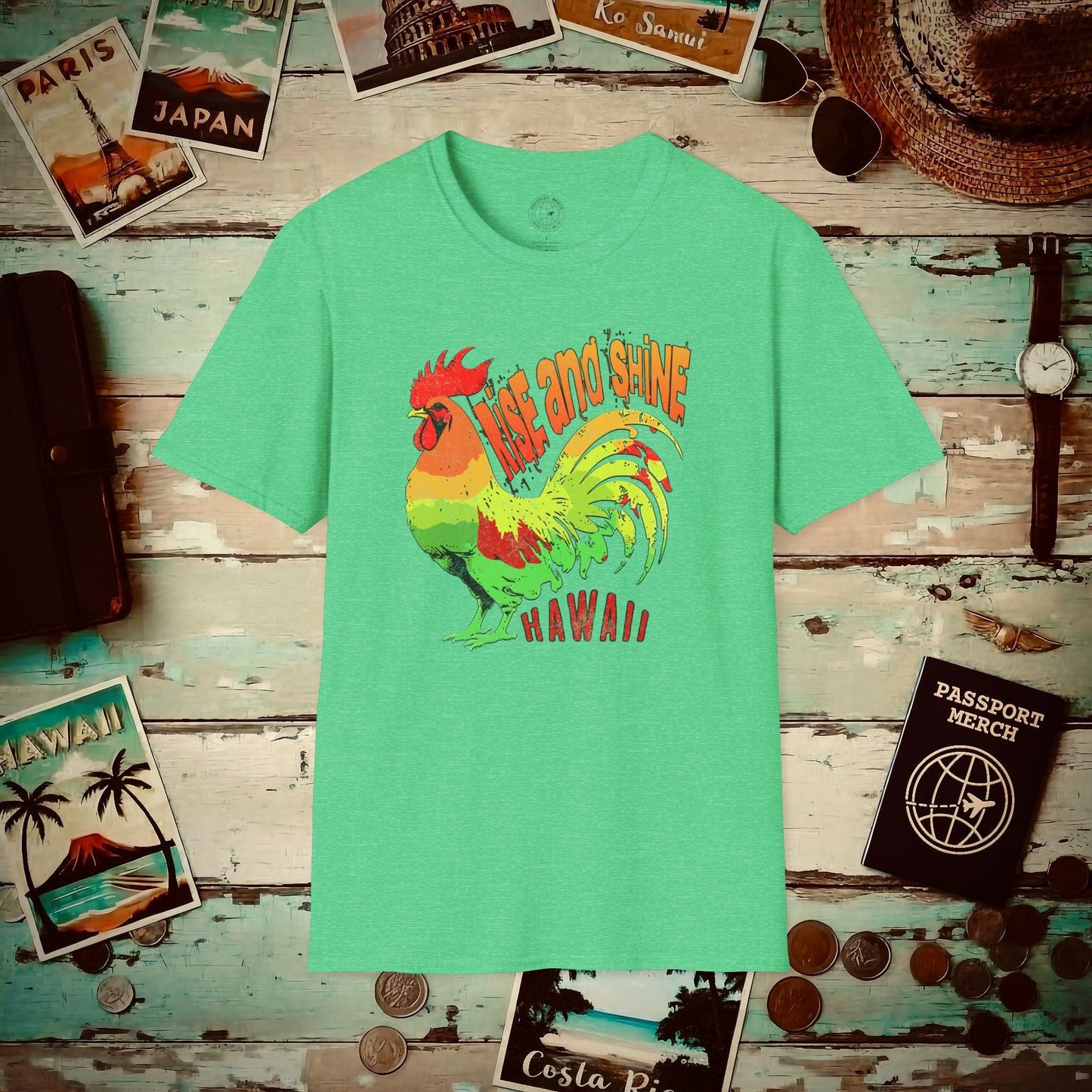 Rise and Shine Rooster, Hawaii T-Shirt Heather Irish Green / S
