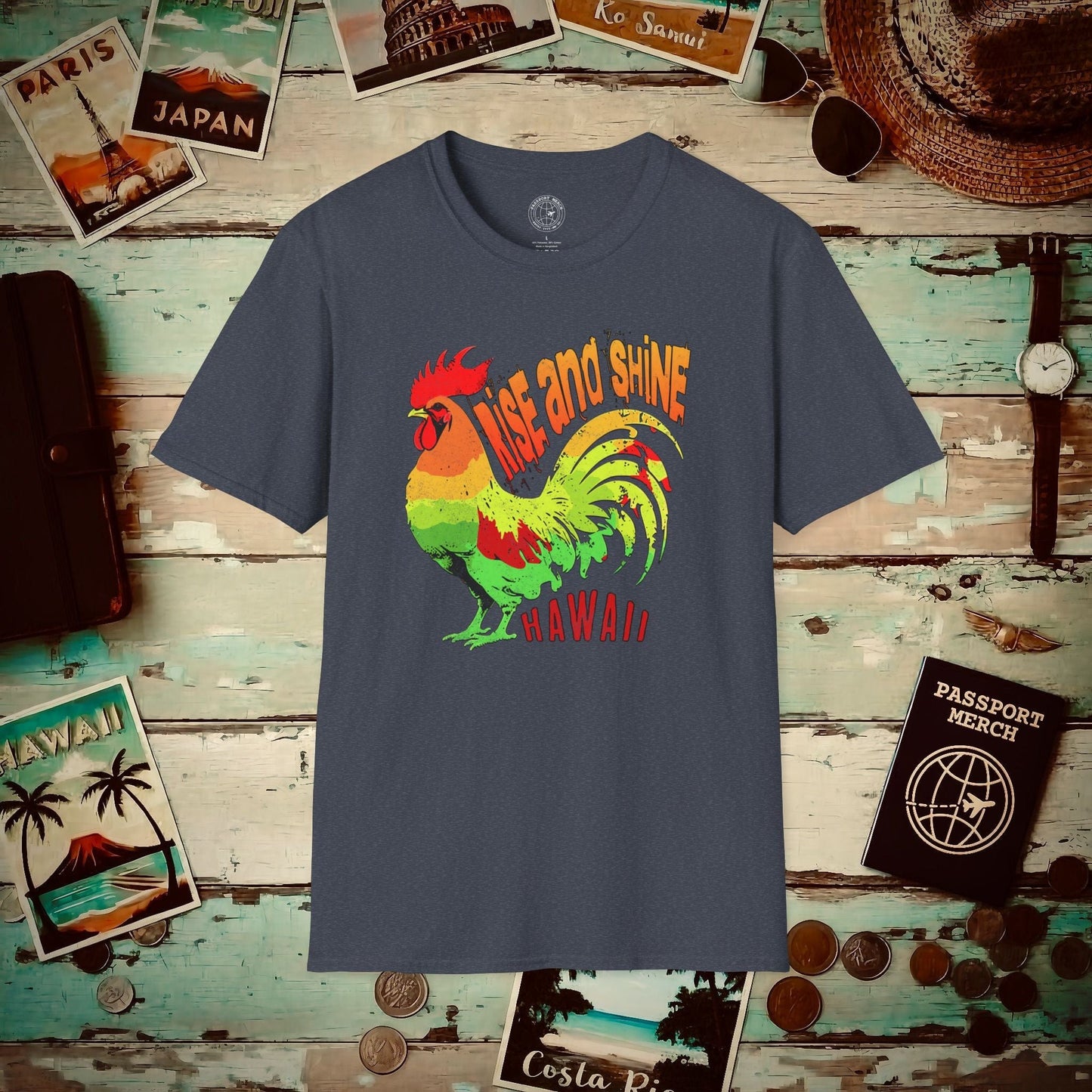 Rise and Shine Rooster, Hawaii T-Shirt Heather Navy / S