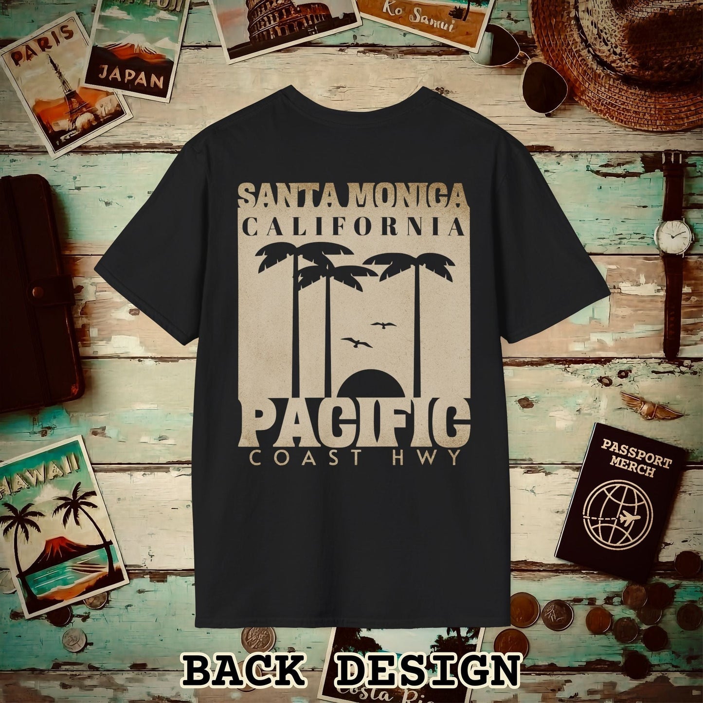 Santa Monica California PCH, Back Print T-Shirt Black / S