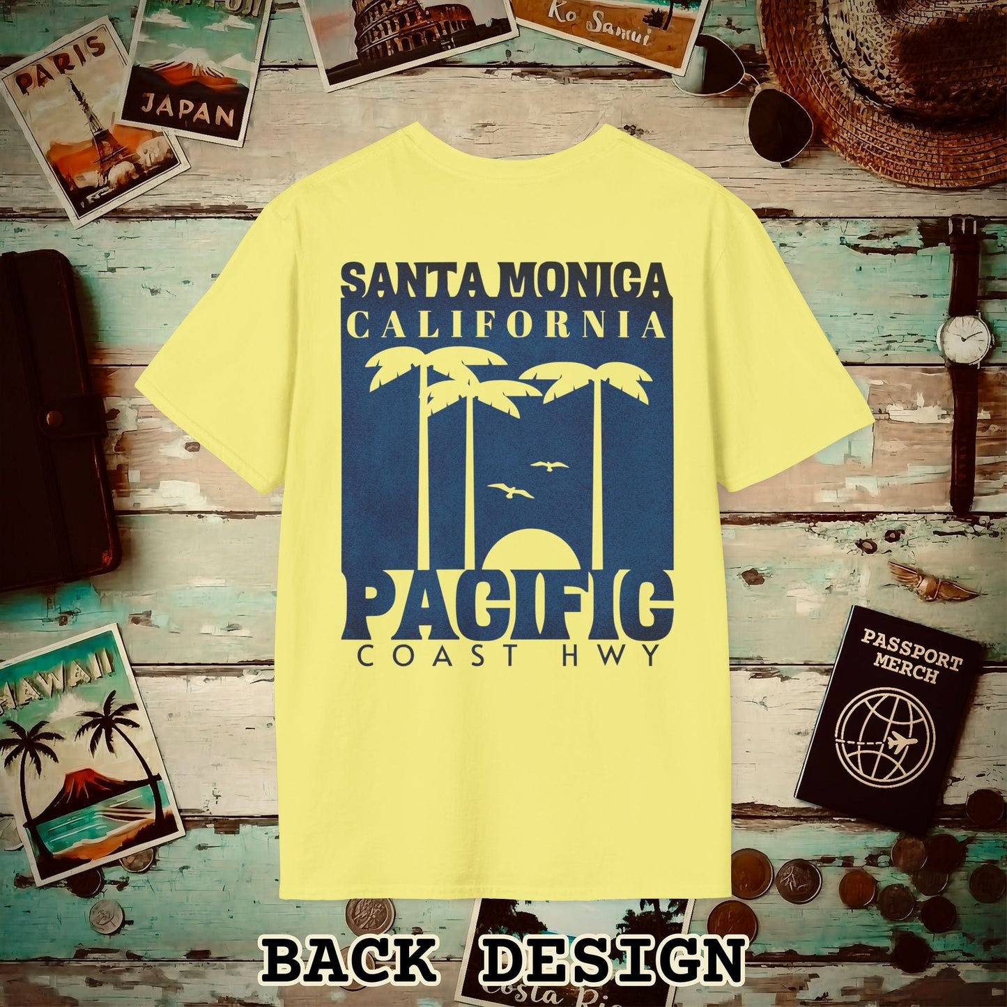 Santa Monica California PCH, Back Print T-Shirt Cornsilk / S