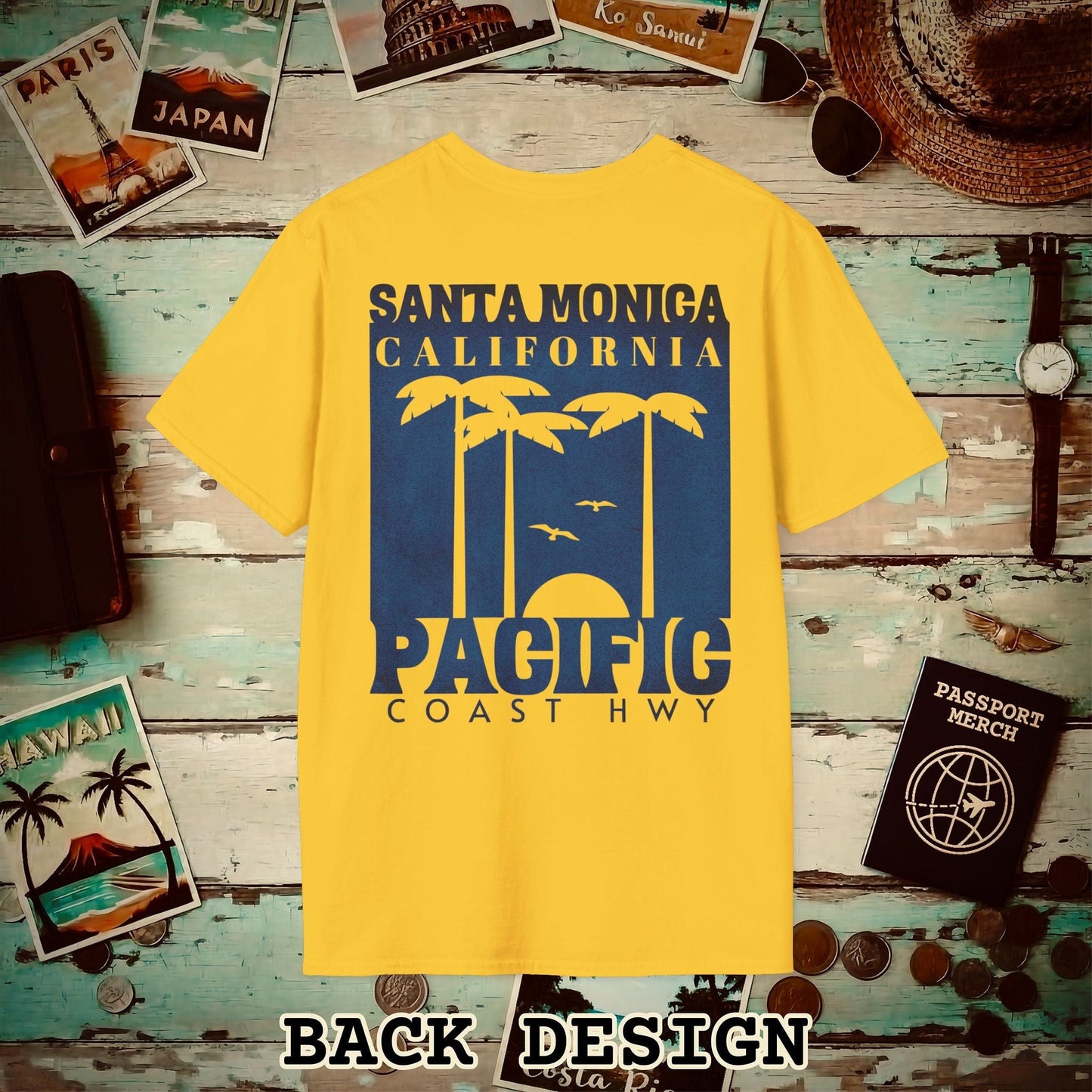 Santa Monica California PCH, Back Print T-Shirt Daisy / S