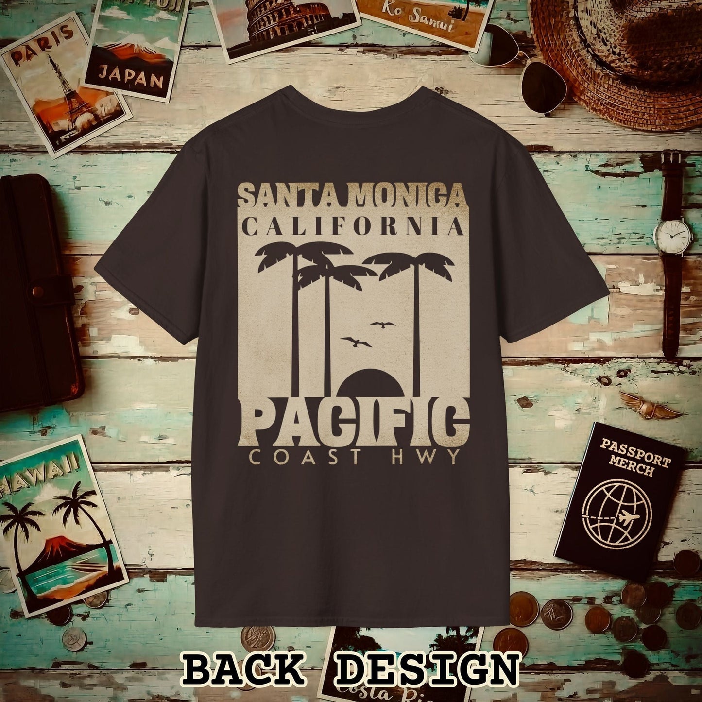 Santa Monica California PCH, Back Print T-Shirt Dark Chocolate / S