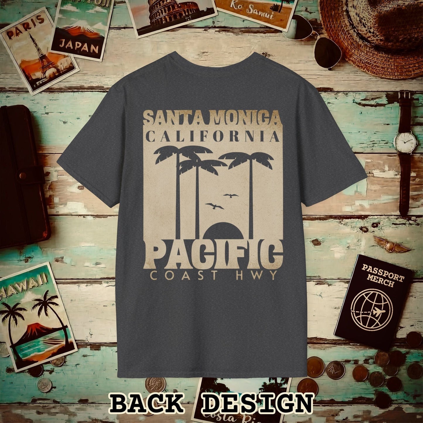 Santa Monica California PCH, Back Print T-Shirt Dark Heather / S