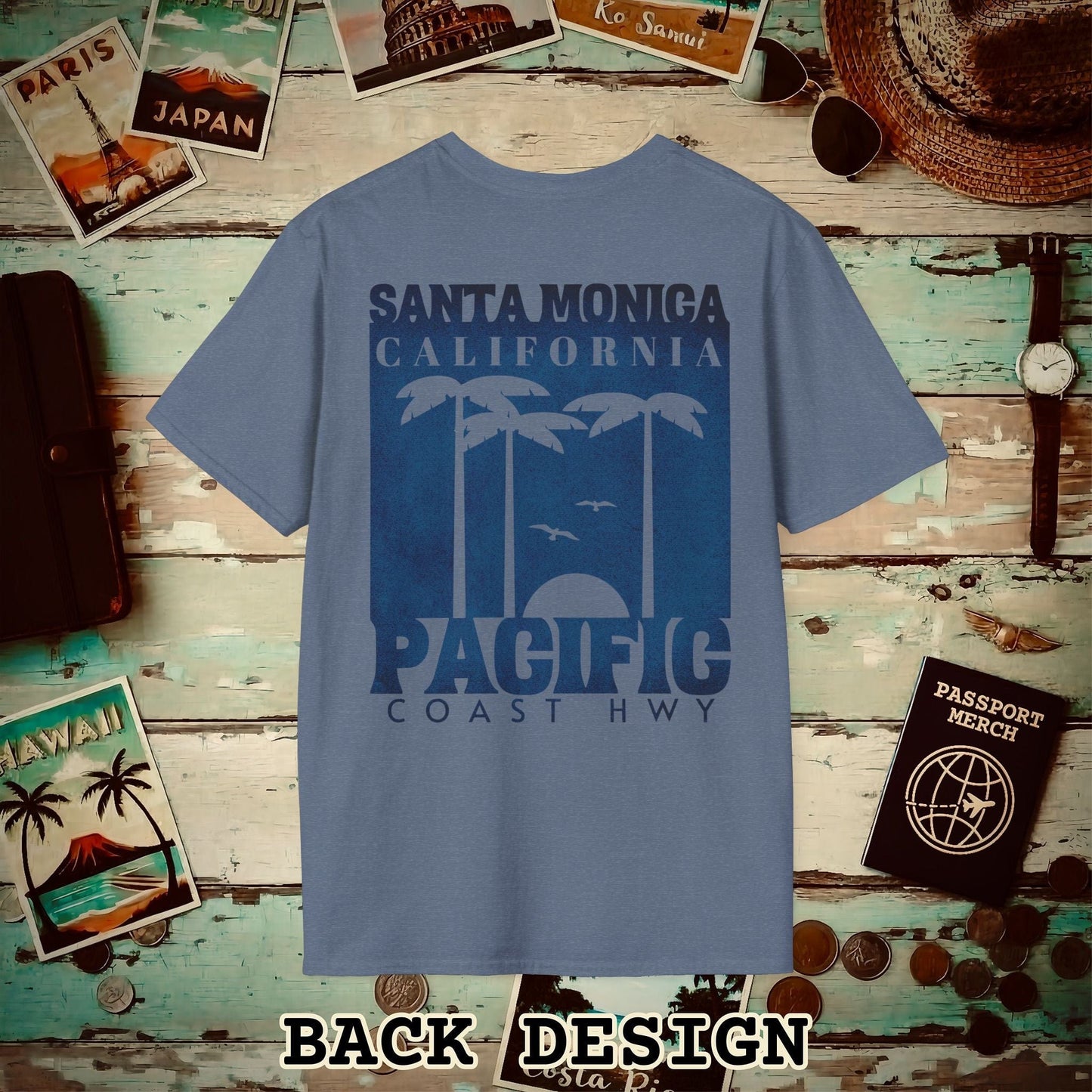 Santa Monica California PCH, Back Print T-Shirt Heather Indigo / S