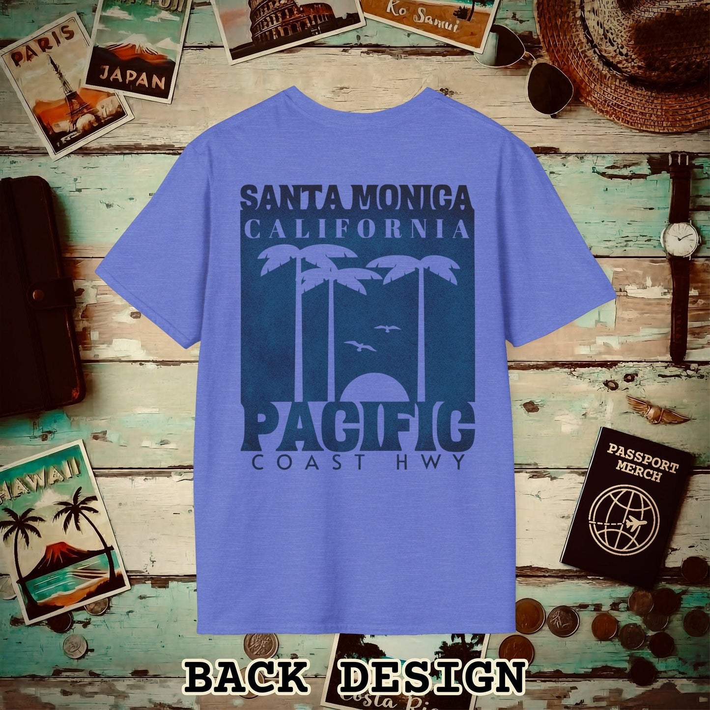 Santa Monica California PCH, Back Print T-Shirt Heather Royal / S