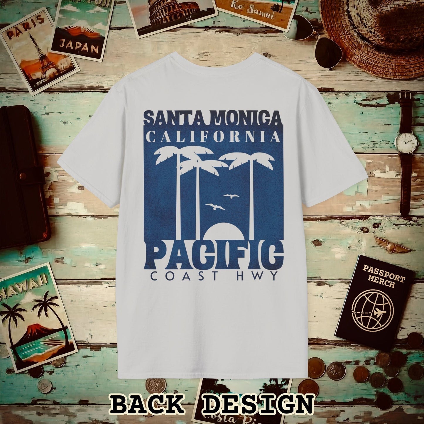 Santa Monica California PCH, Back Print T-Shirt Ice Grey / S
