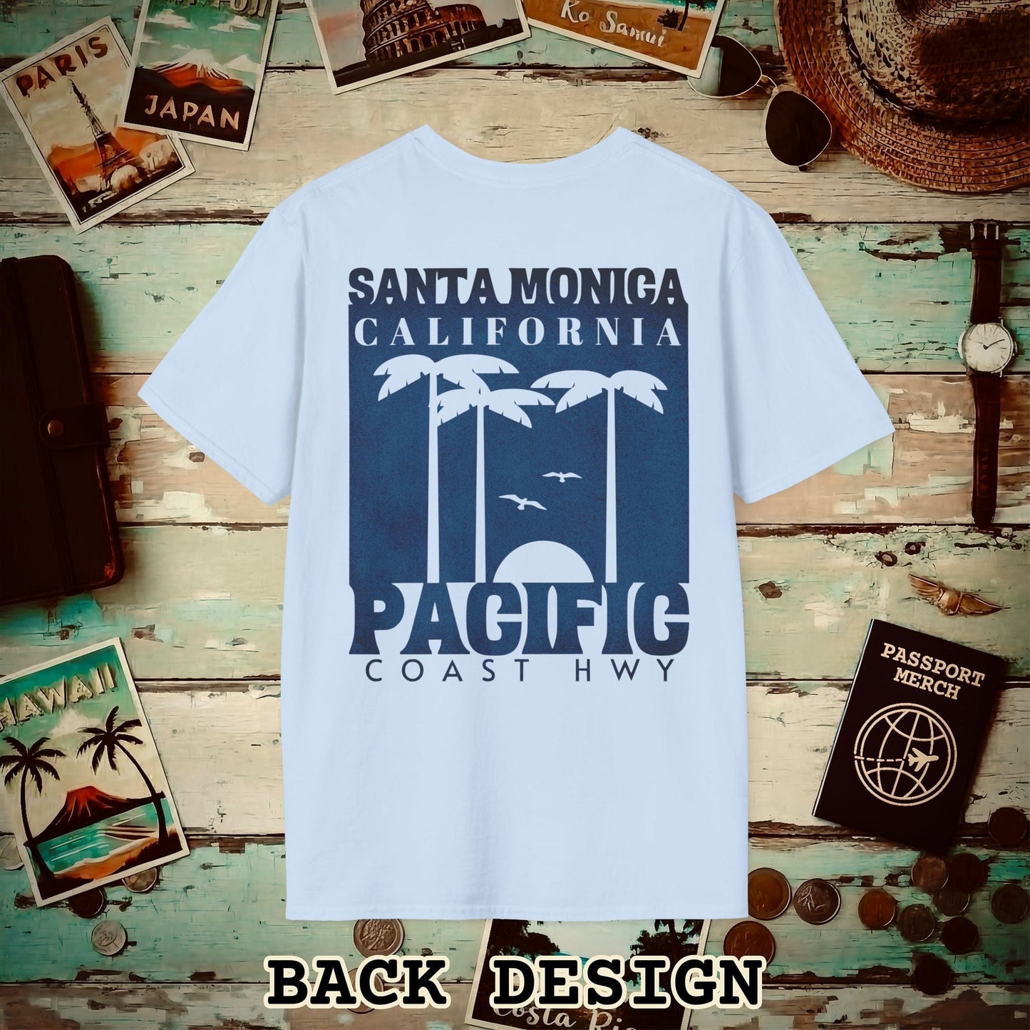 Santa Monica California PCH, Back Print T-Shirt Light Blue / S