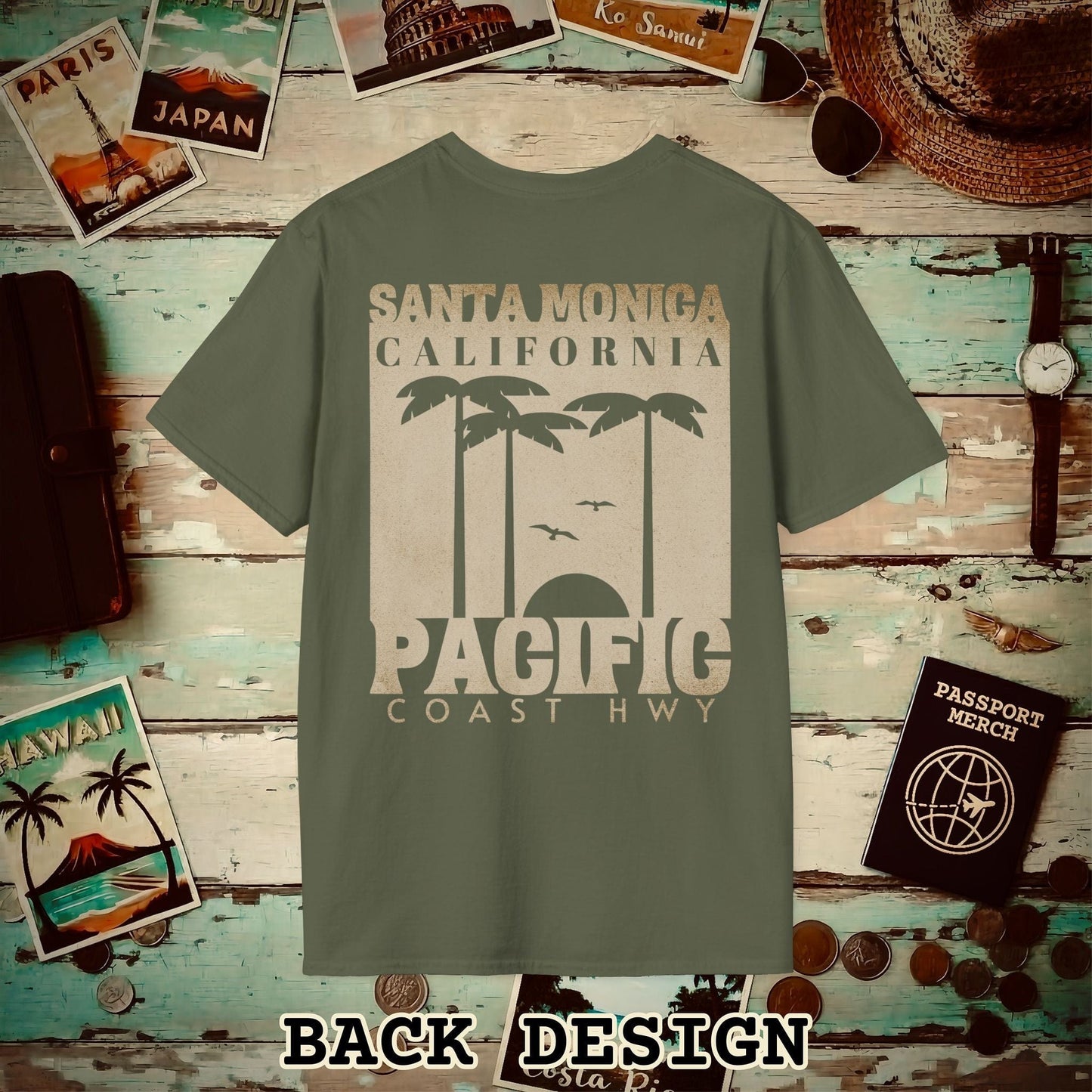 Santa Monica California PCH, Back Print T-Shirt Military Green / S