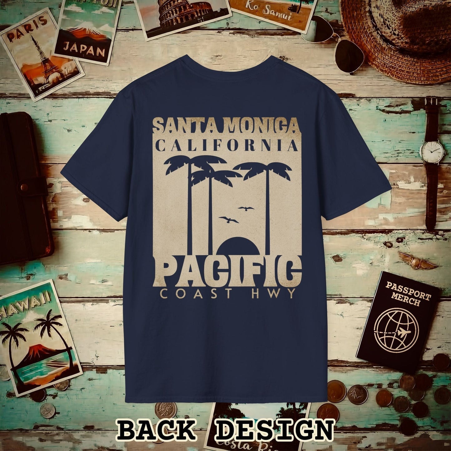 Santa Monica California PCH, Back Print T-Shirt Navy / S