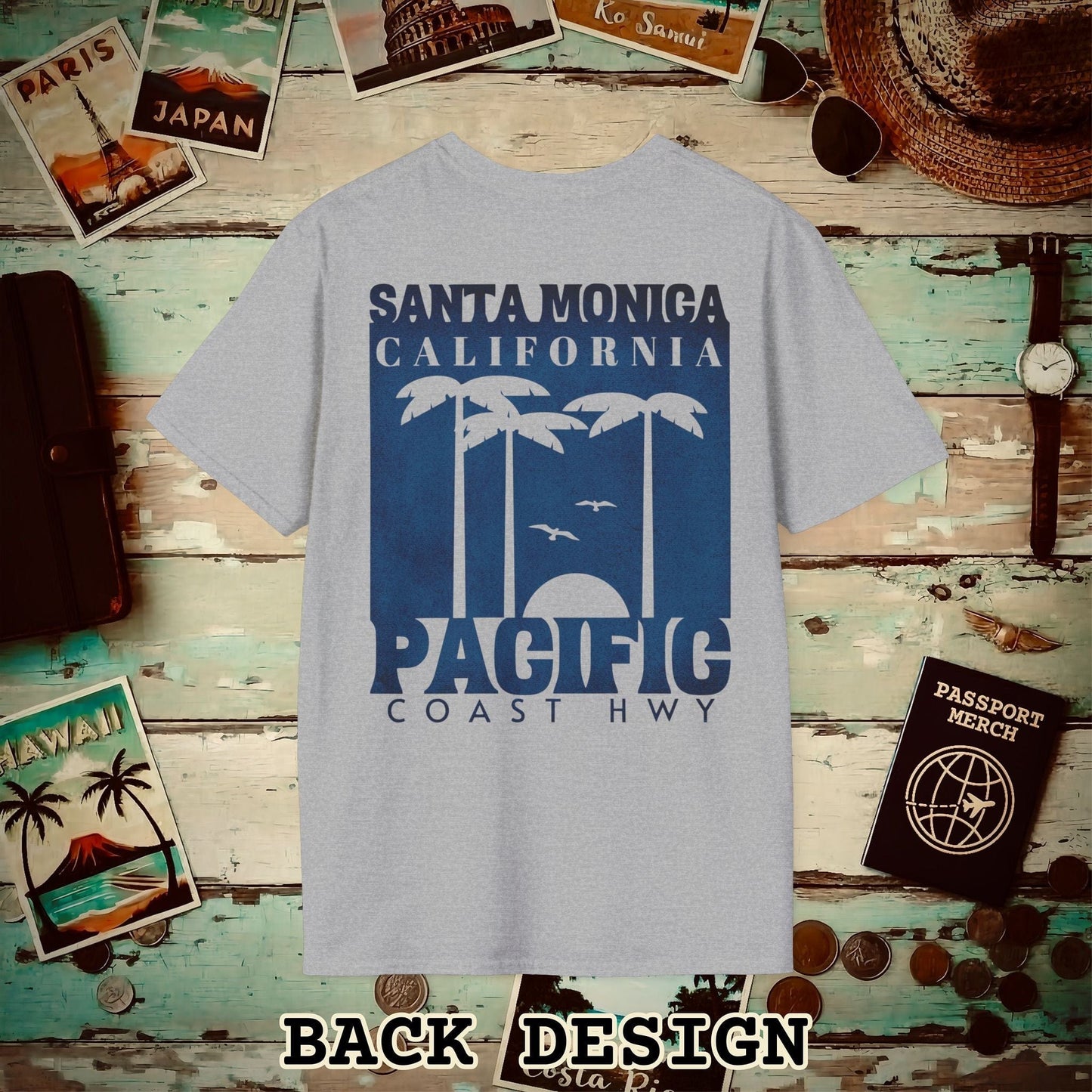 Santa Monica California PCH, Back Print T-Shirt Sport Grey / S