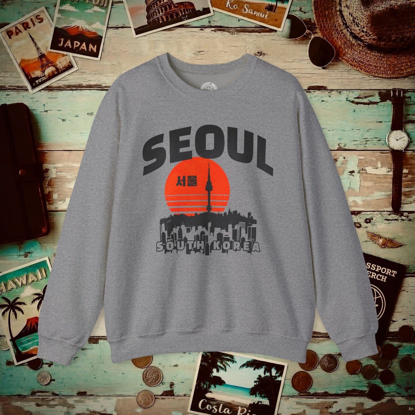 Seoul Retro Vintage Sunset, Korea Crewneck Graphite Heather / S