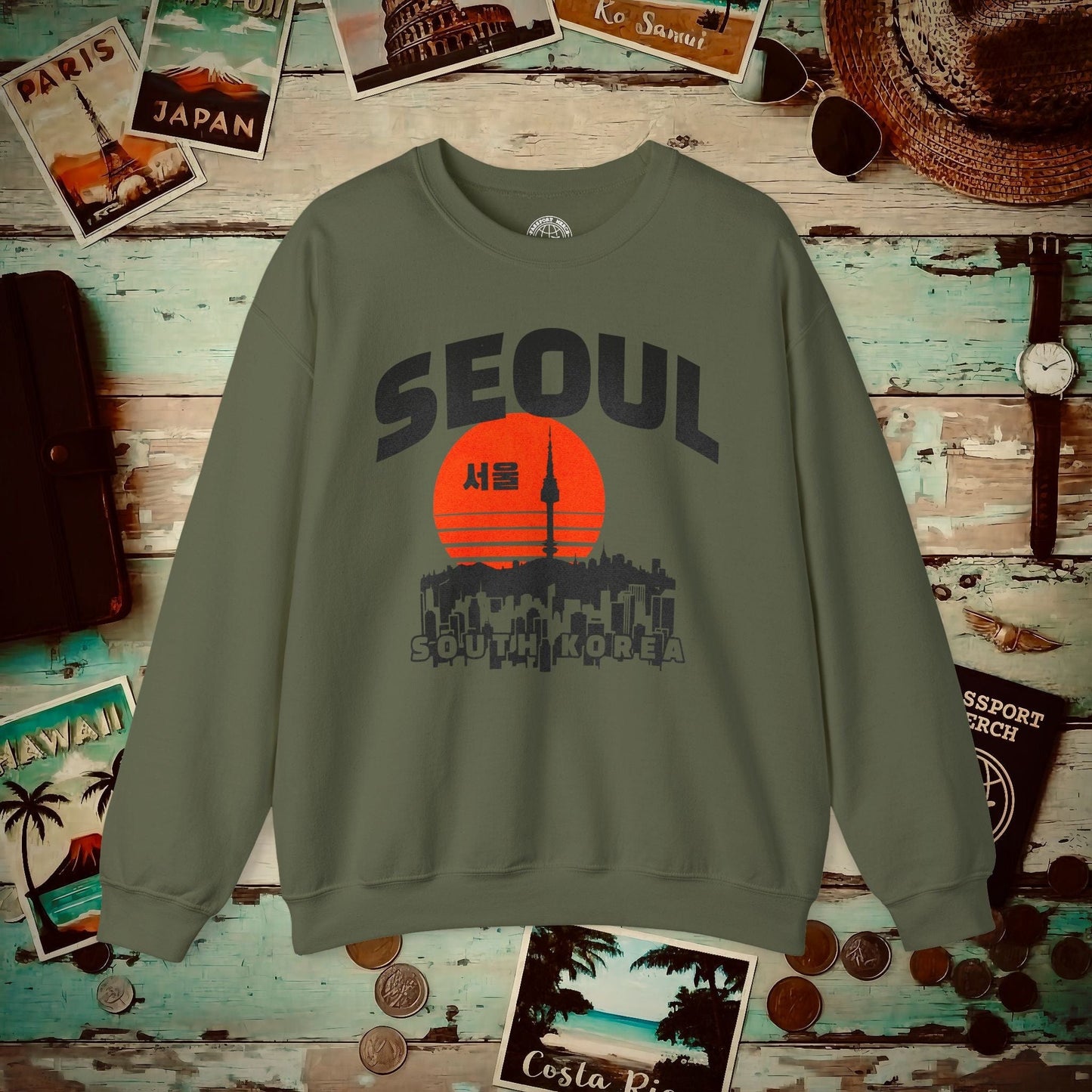 Seoul Retro Vintage Sunset, Korea Crewneck Military Green / S