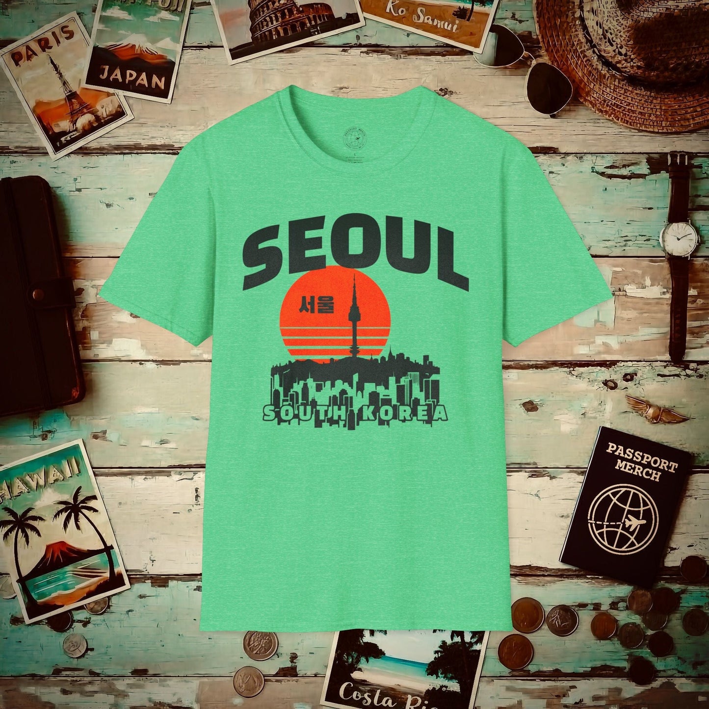 Seoul Retro Vintage Sunset, Korea T-Shirt Heather Irish Green / S