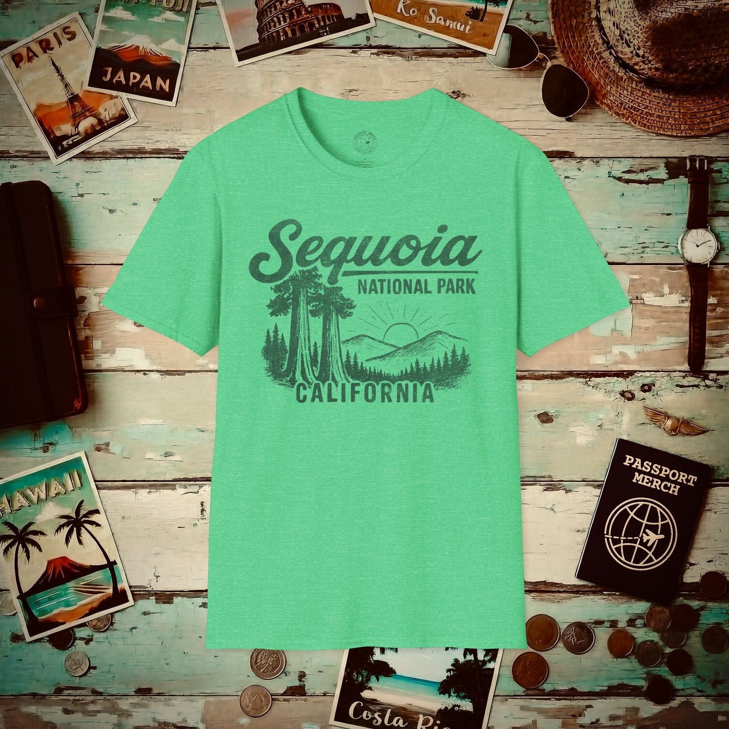 Sequoia National Park Vintage Monochrome, California T-Shirt Heather Irish Green / S