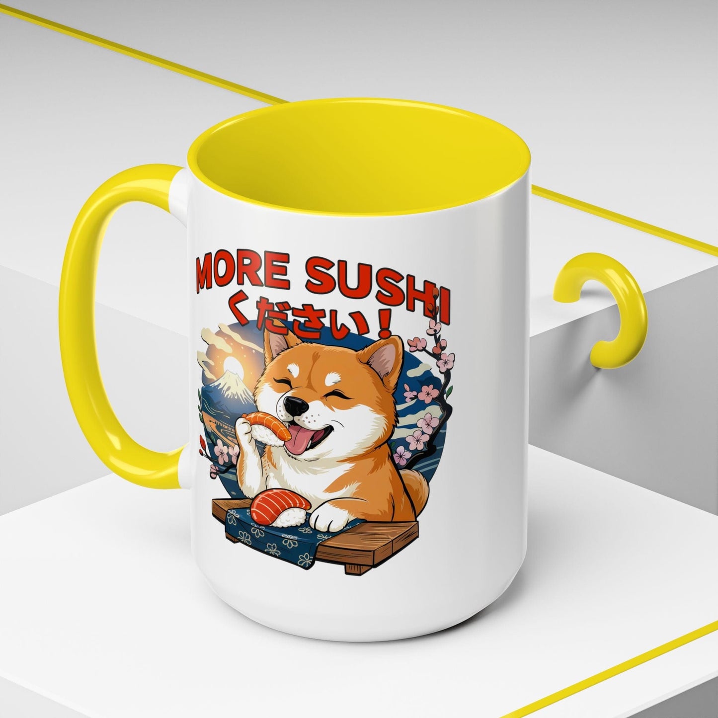 Shiba Inu, More Sushi Please! Japan 15oz Mug Yellow / 15oz