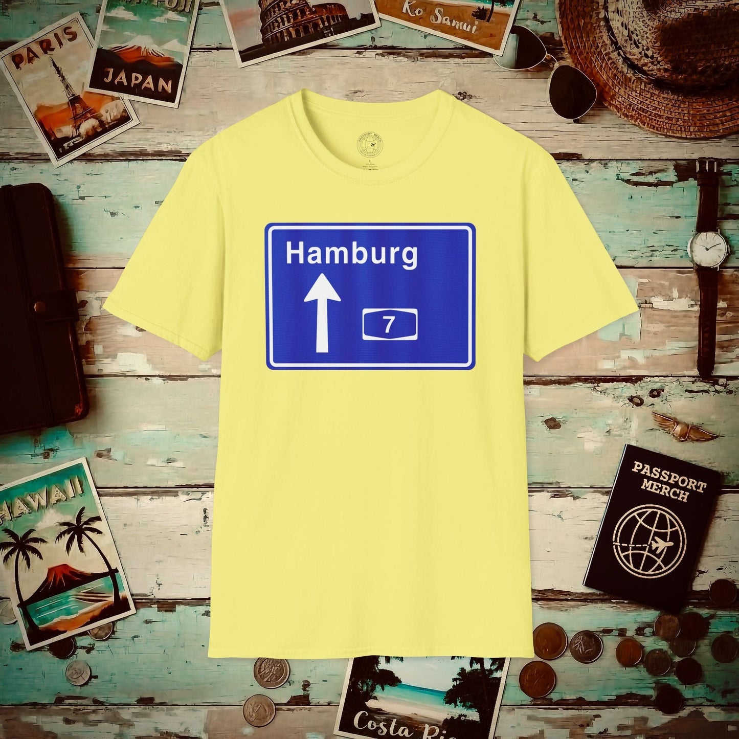 Signs of Wanderlust, Autobahn A7, Hamburg, Germany T-Shirt Cornsilk / S