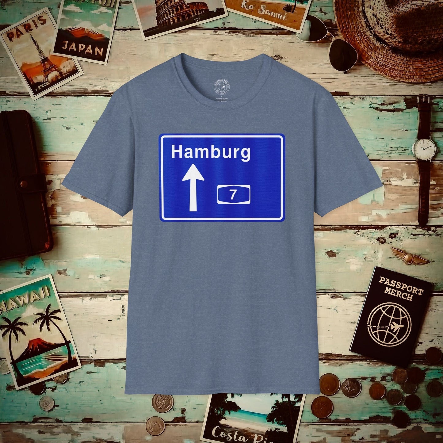 Signs of Wanderlust, Autobahn A7, Hamburg, Germany T-Shirt Heather Indigo / S