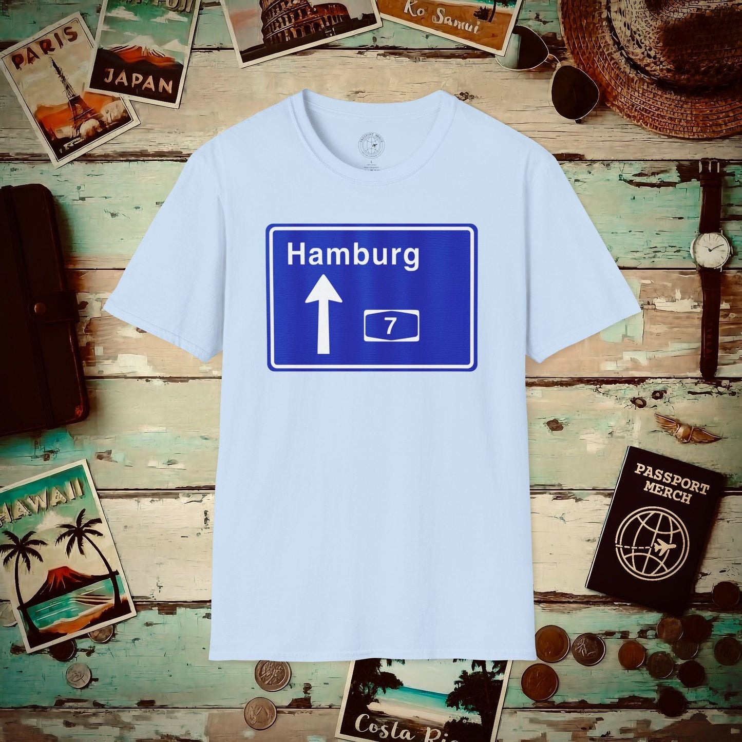 Signs of Wanderlust, Autobahn A7, Hamburg, Germany T-Shirt Light Blue / S