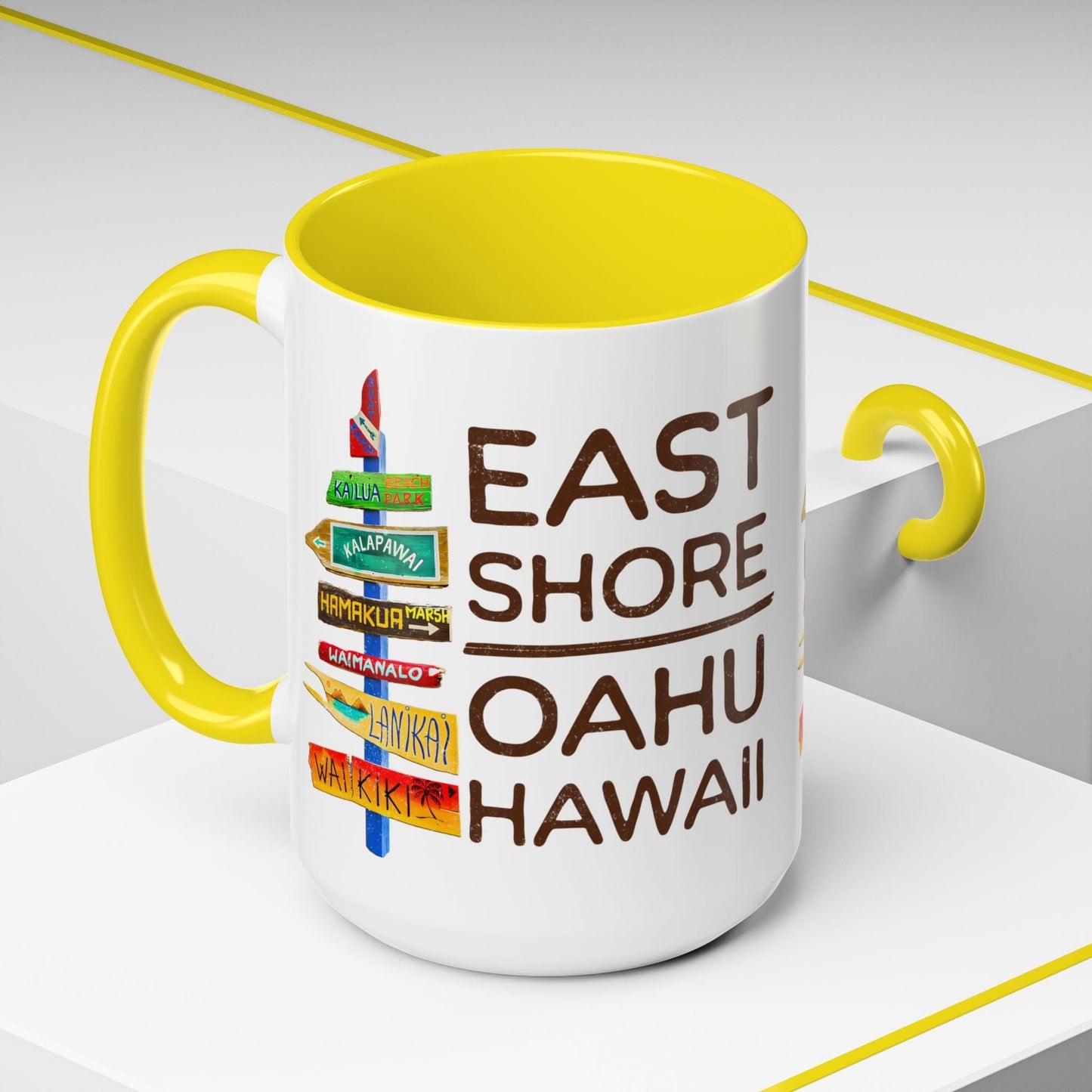 Signs of Wanderlust, East Shore, Oahu, Hawaii 15oz Mug Yellow / 15oz