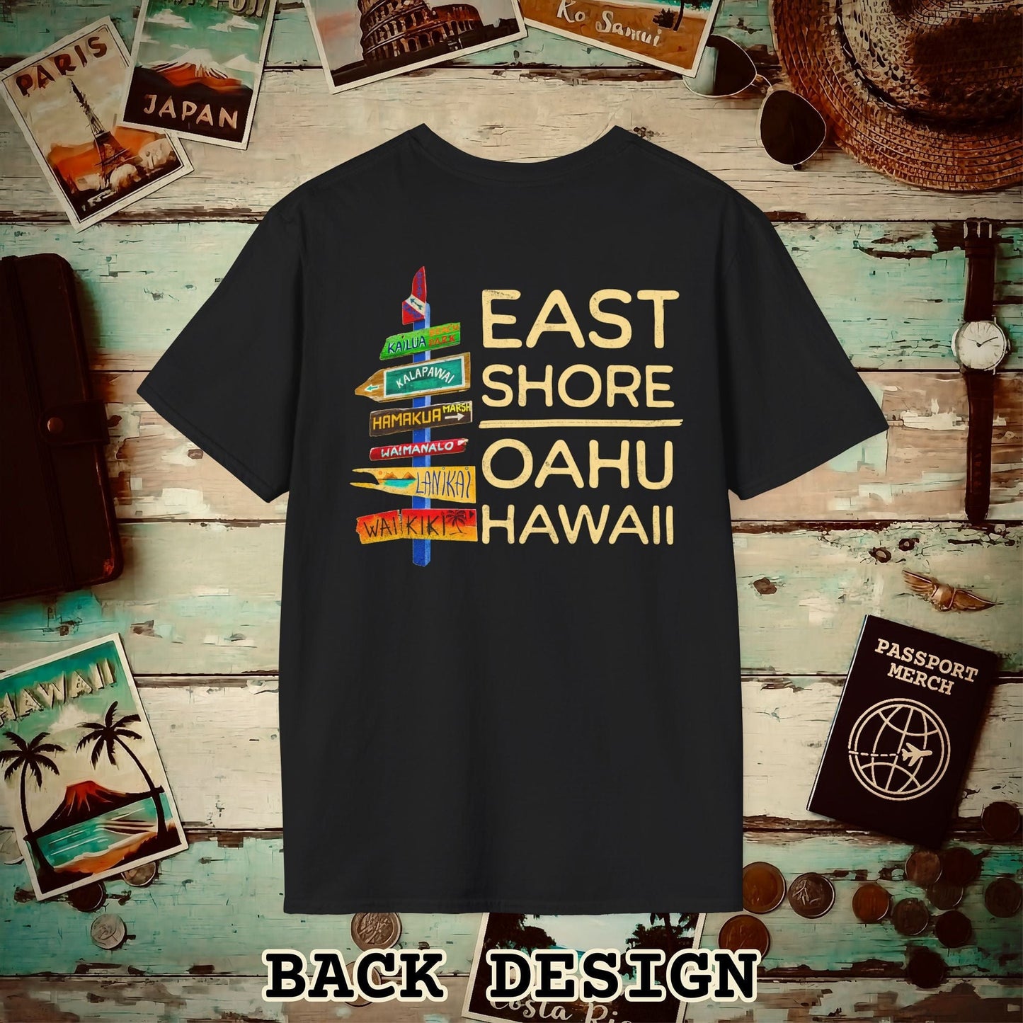 Signs of Wanderlust, East Shore, Oahu, Hawaii, Back Print T-Shirt Black / S