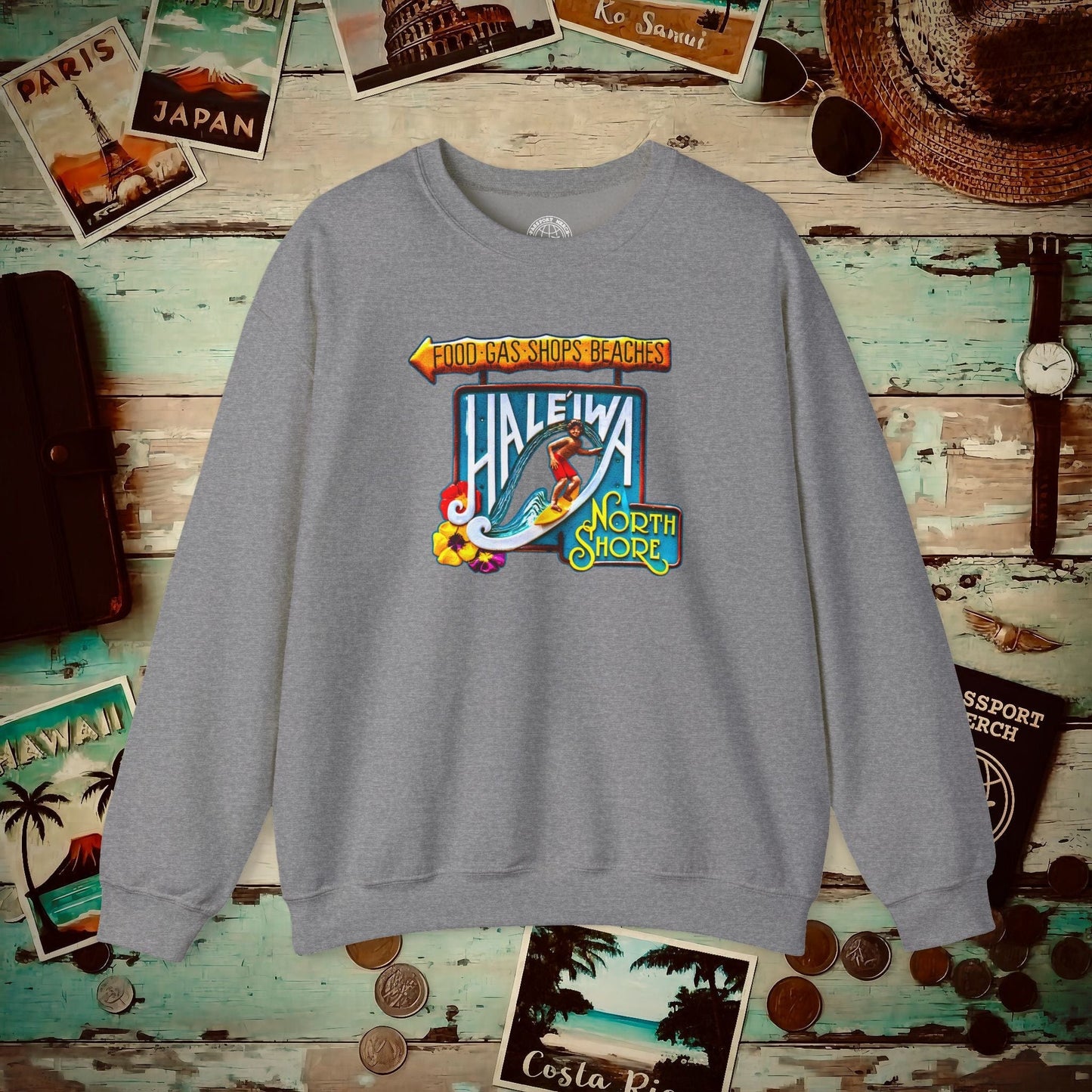 Signs of Wanderlust, Hale'iwa (North) Oahu, Hawaii Crewneck Graphite Heather / S