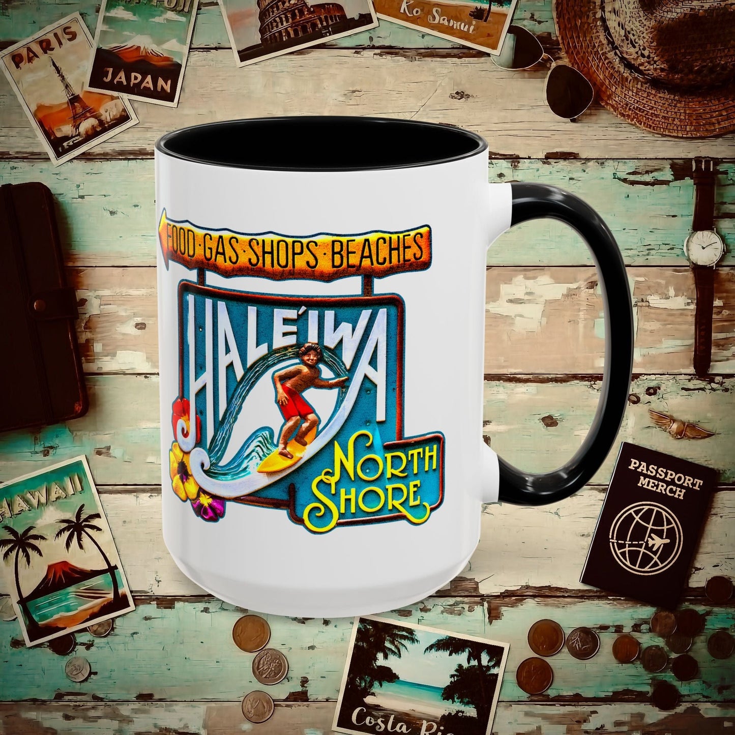 Signs of Wanderlust, Hale'iwa (North+South) Oahu, Hawaii 15oz Mug Black / 15oz