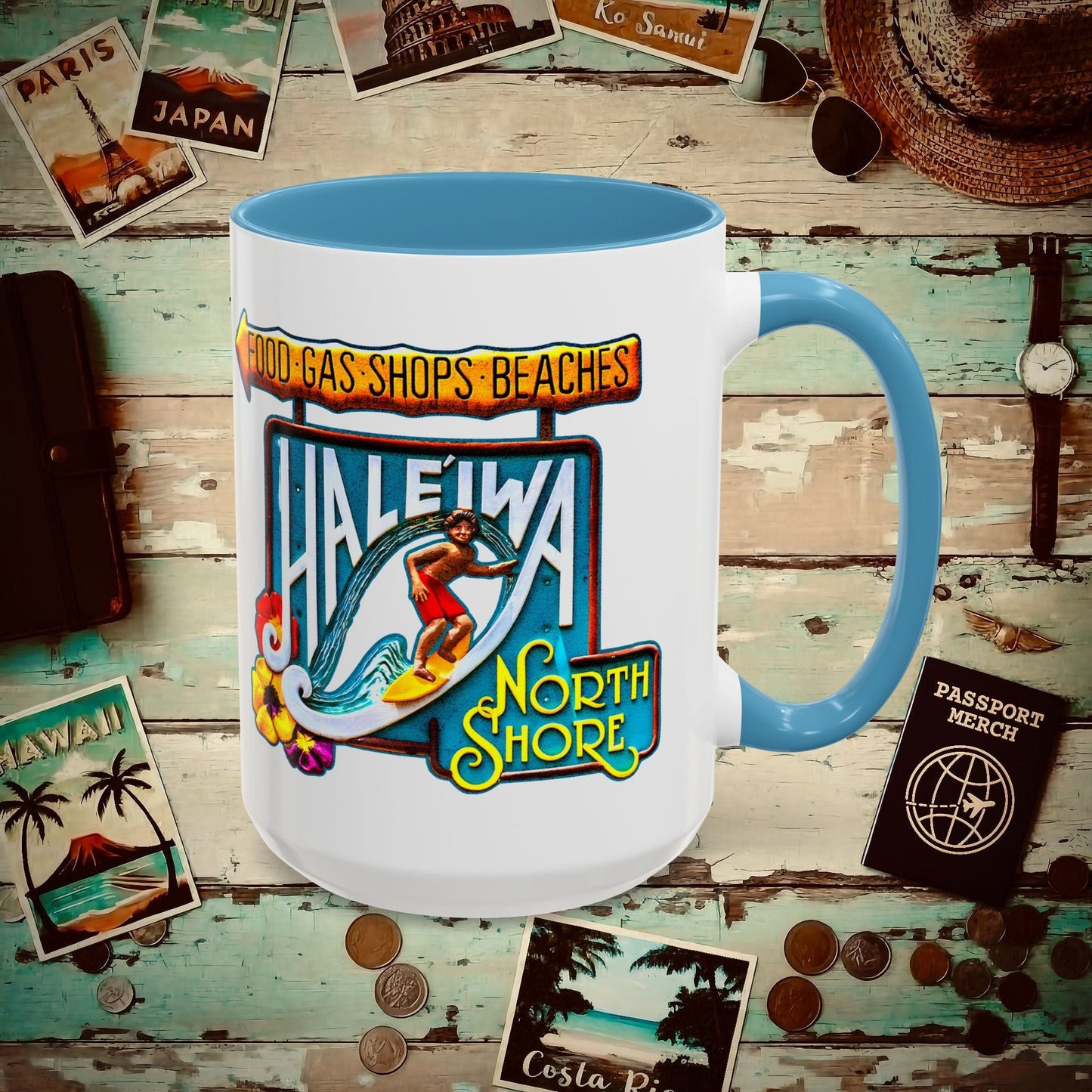 Signs of Wanderlust, Hale'iwa (North+South) Oahu, Hawaii 15oz Mug Light Blue / 15oz