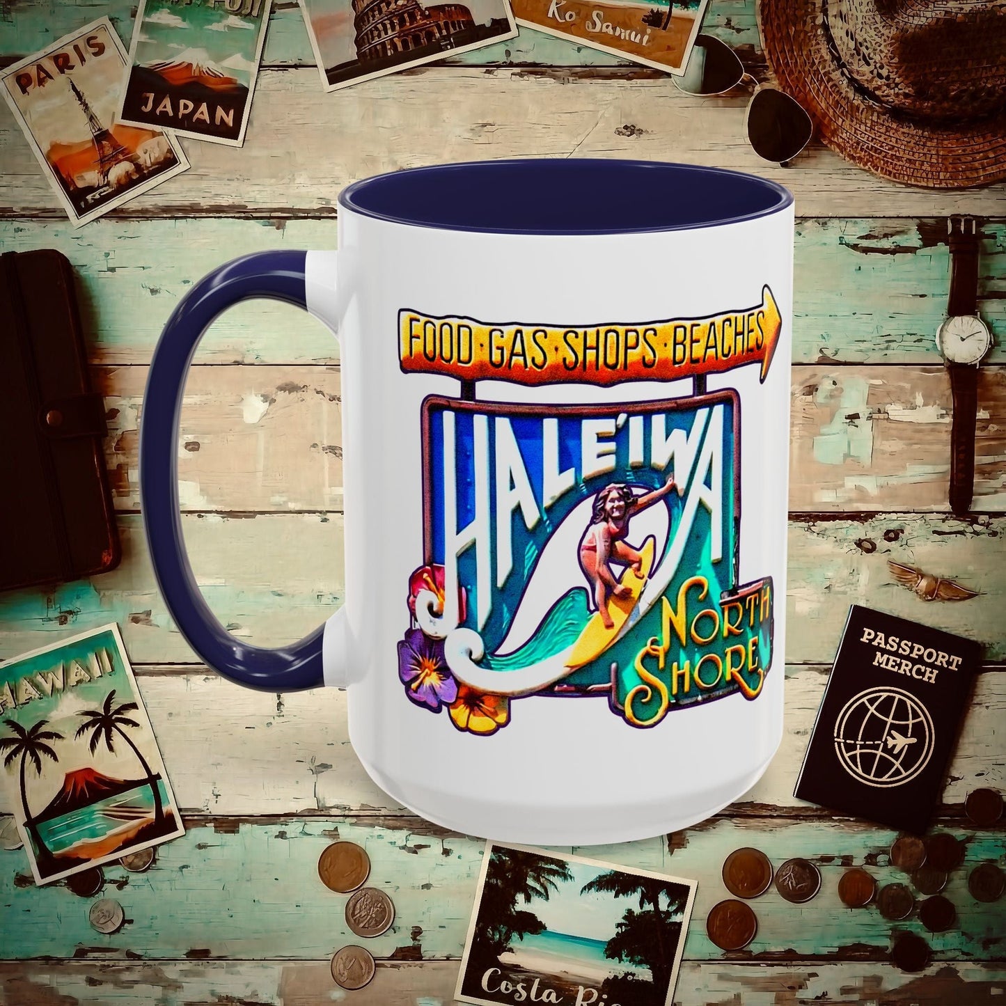 Signs of Wanderlust, Hale'iwa (North+South) Oahu, Hawaii 15oz Mug Navy / 15oz