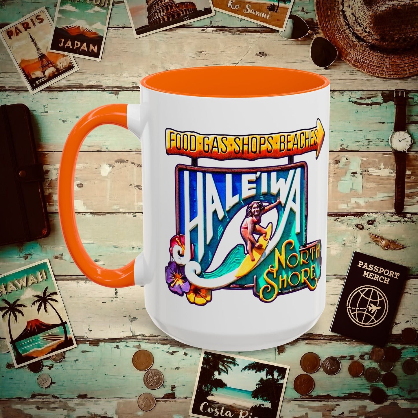 Signs of Wanderlust, Hale'iwa (North+South) Oahu, Hawaii 15oz Mug Orange / 15oz