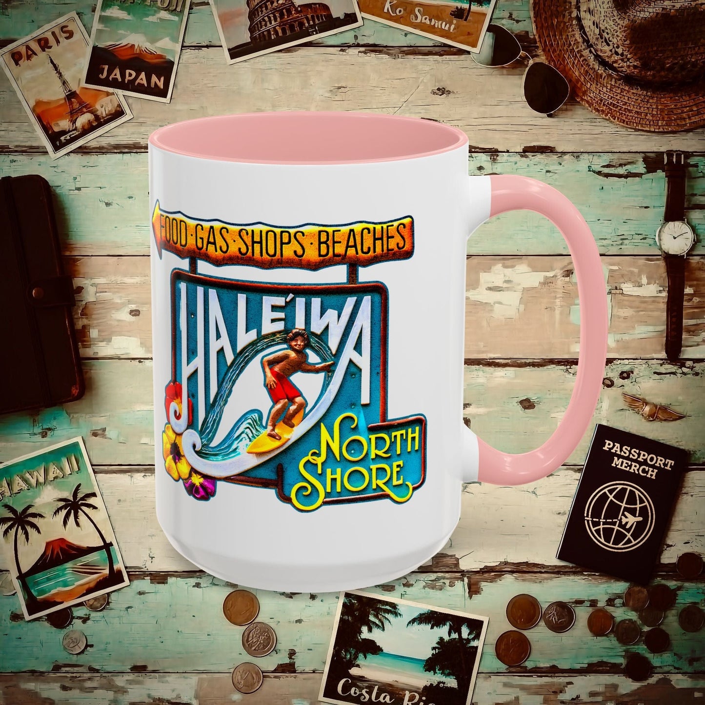 Signs of Wanderlust, Hale'iwa (North+South) Oahu, Hawaii 15oz Mug Pink / 15oz